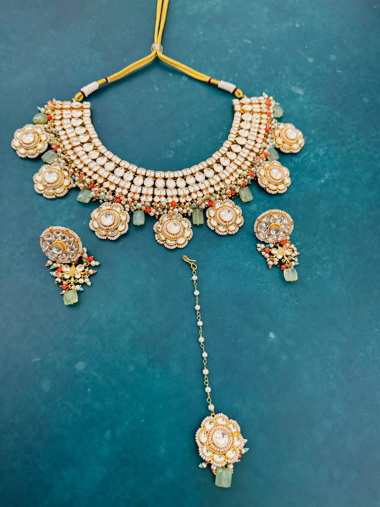 Ahmedabadi Kundan Jewelry Set | Semi-Precious Stones | Brass Base | Gold Plated | Silver Foil | Free Shipping | Ships from California