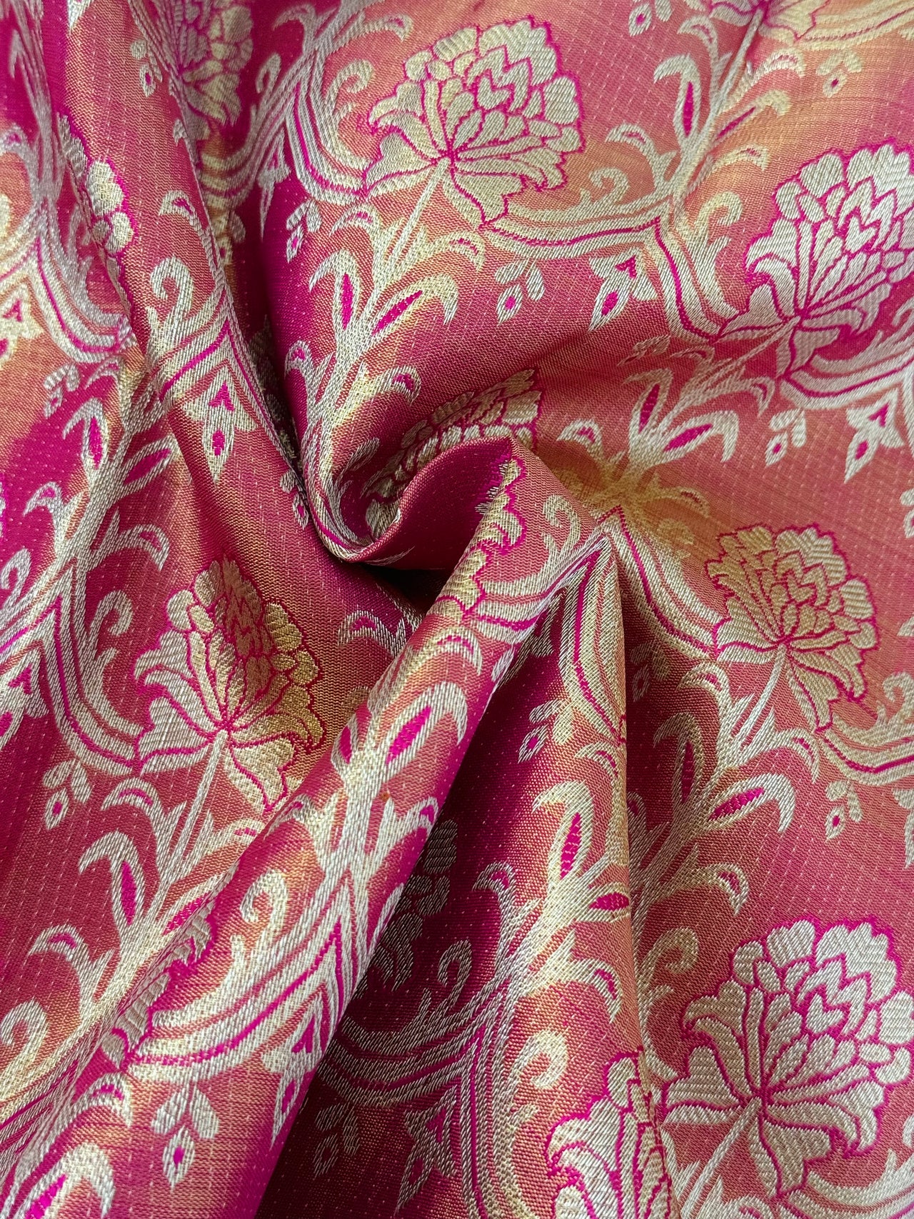 Exclusive Kanchivaram Tissue Silk Pure Zari Silk Saree | Metallic Pink & Gold | Brocade Pattern | Handwoven | Ships from California