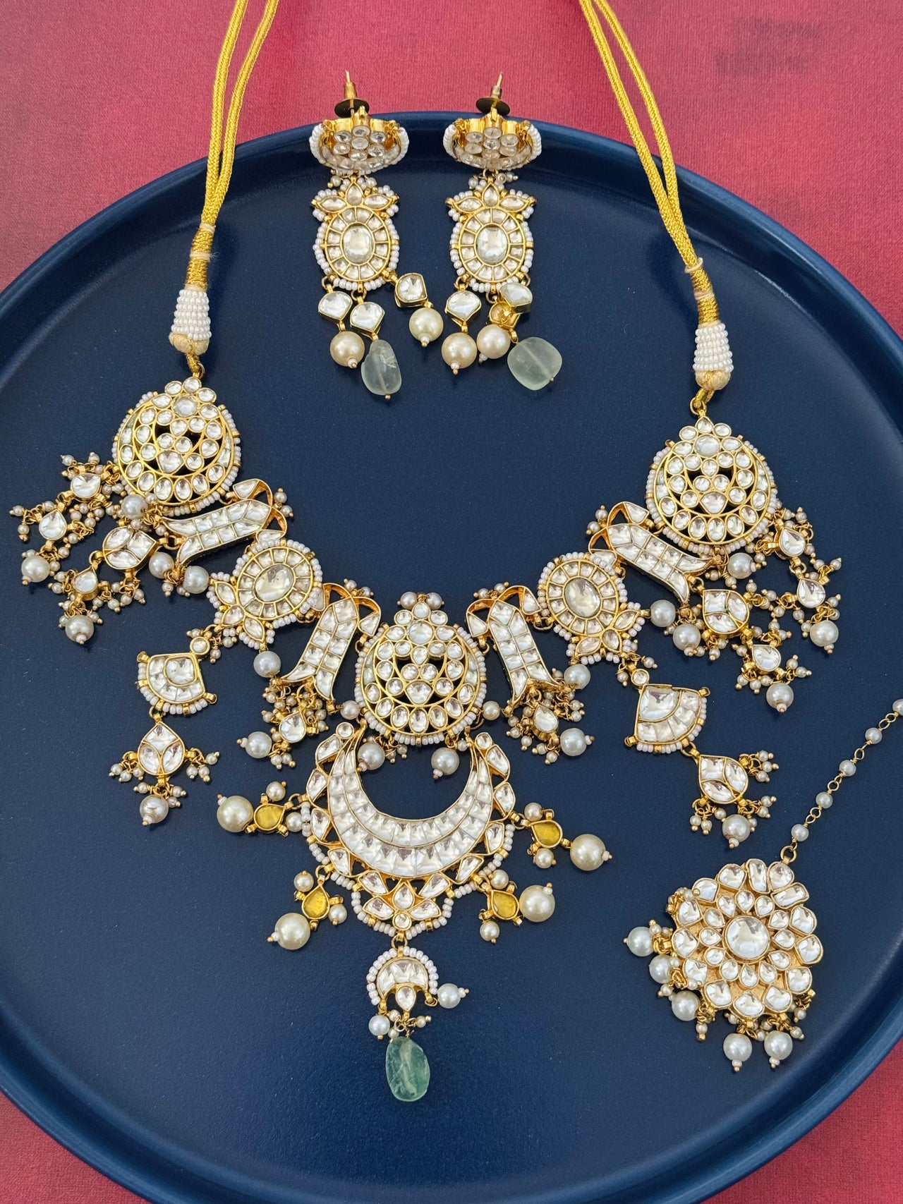 Ahmedabadi Kundan Jewelry Set | Semi-Precious Stones | Brass Base | Gold Plated | Silver Foil | Free Shipping | Ships from California