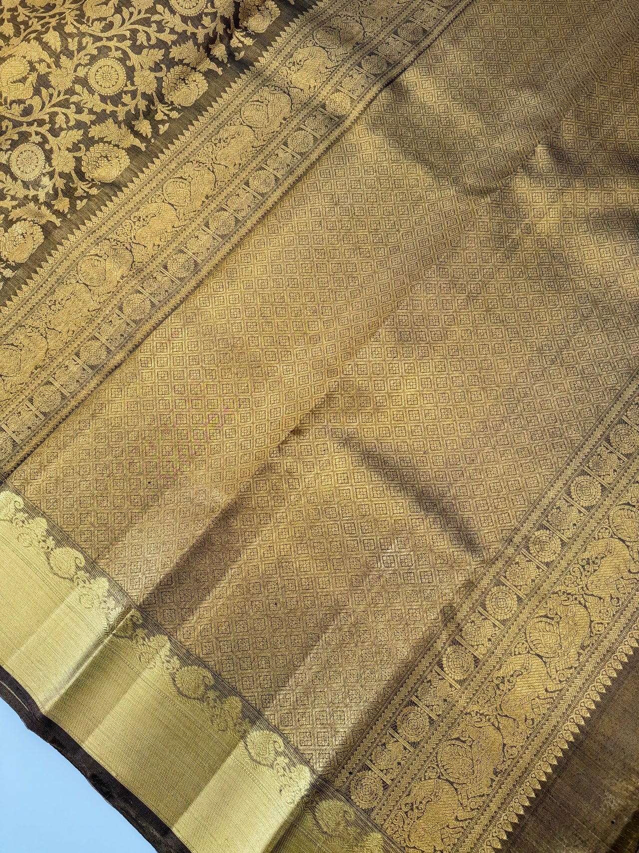 ShopNaya Exclusive | Brocade Kanchipuram Pure Silk Saree | Metallic Black | Pure Gold Zari | Handwoven | Ships from California