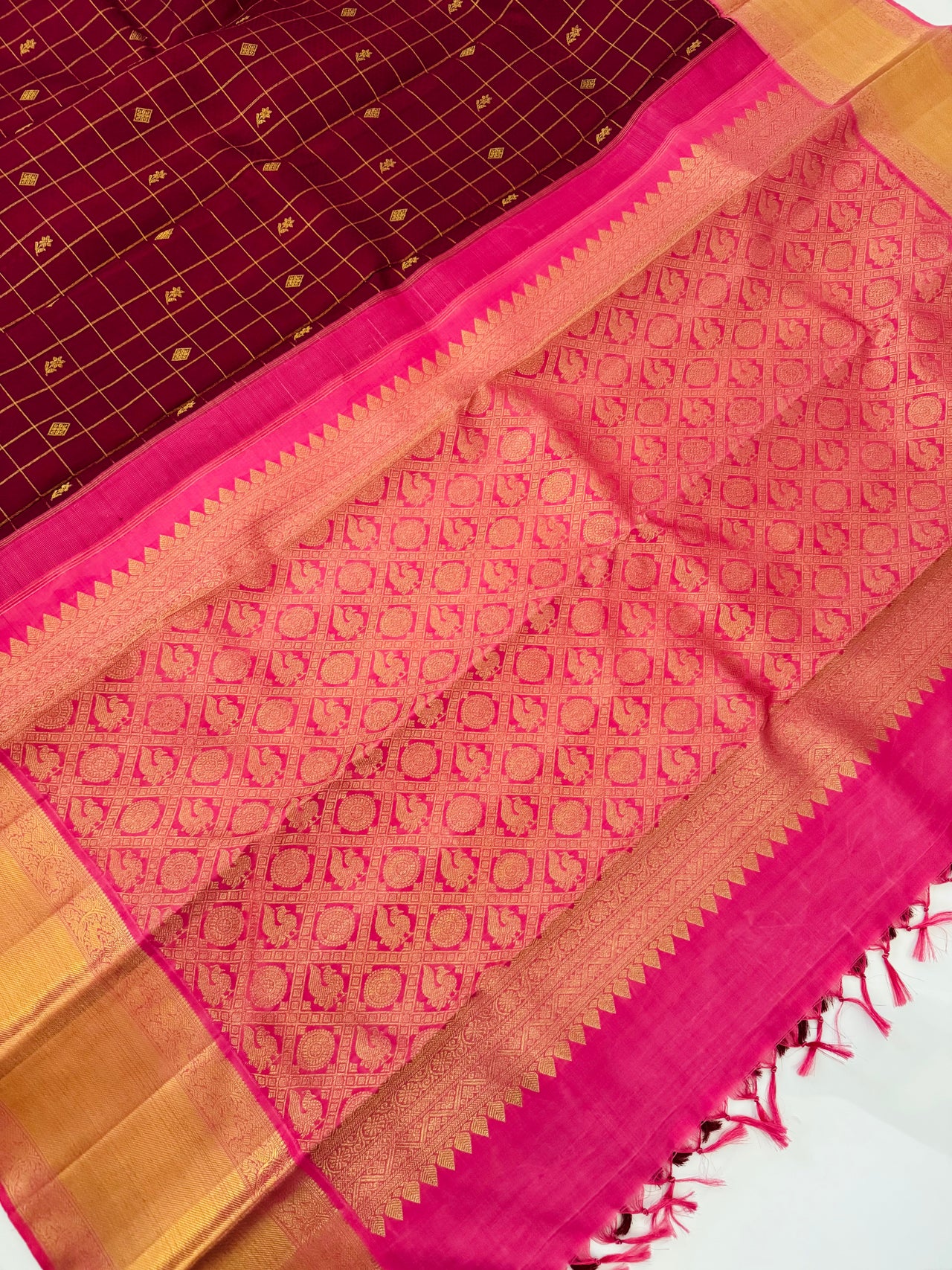 Exclusive Kanchivaram Korvai Pure Silk Pure Zari Silk Saree | Wine & Pink | Gold Zari | Handwoven | Ships from California