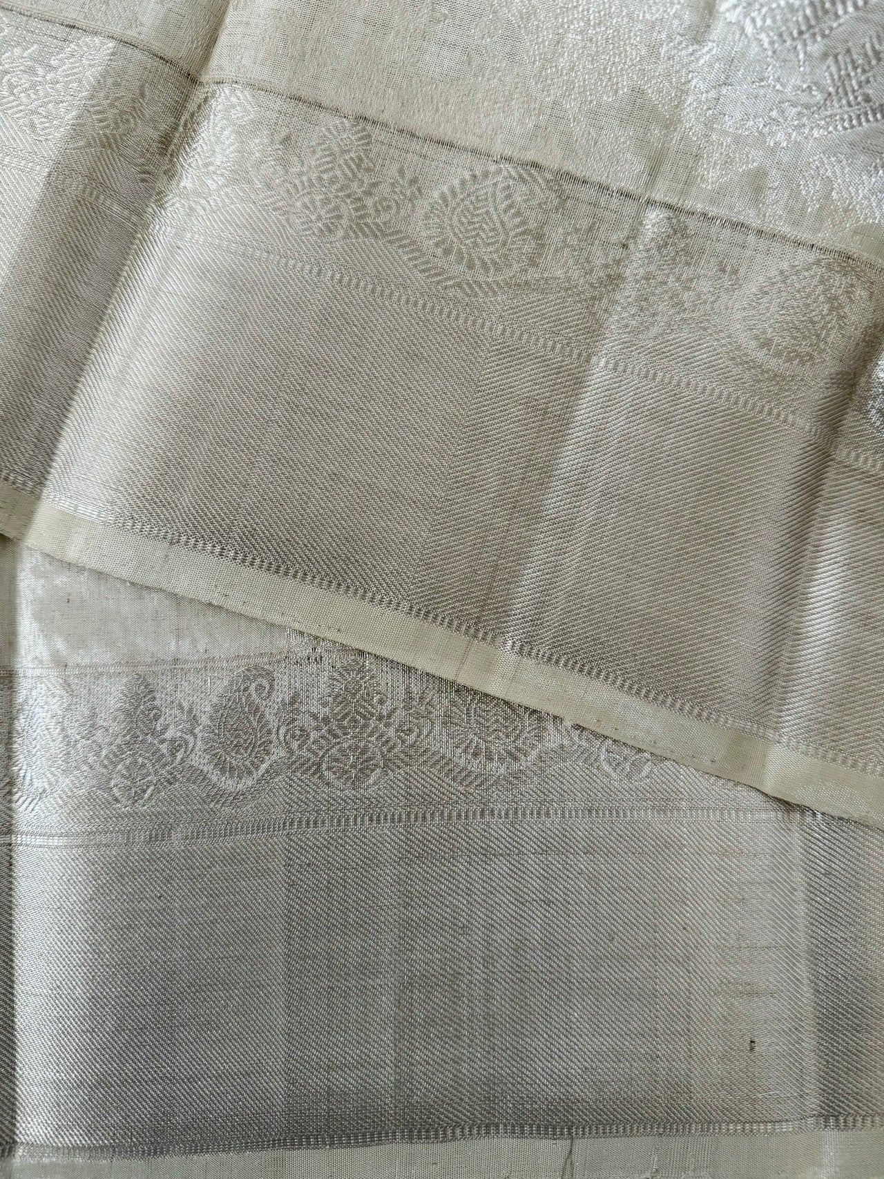 ShopNaya Exclusive | Metallic Kanchipuram Pure Silk Saree | Off-White | Pure Silver Zari | Handwoven | Ships from California