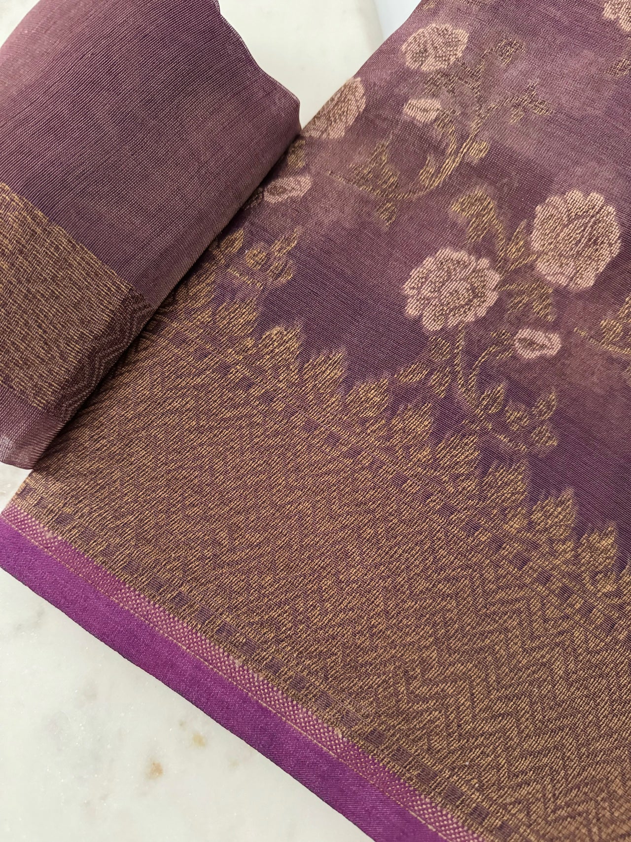 Tissue Silk and Tussar Silk Saree | Antique Zari | Dull Purple | Handwoven | Ships from California