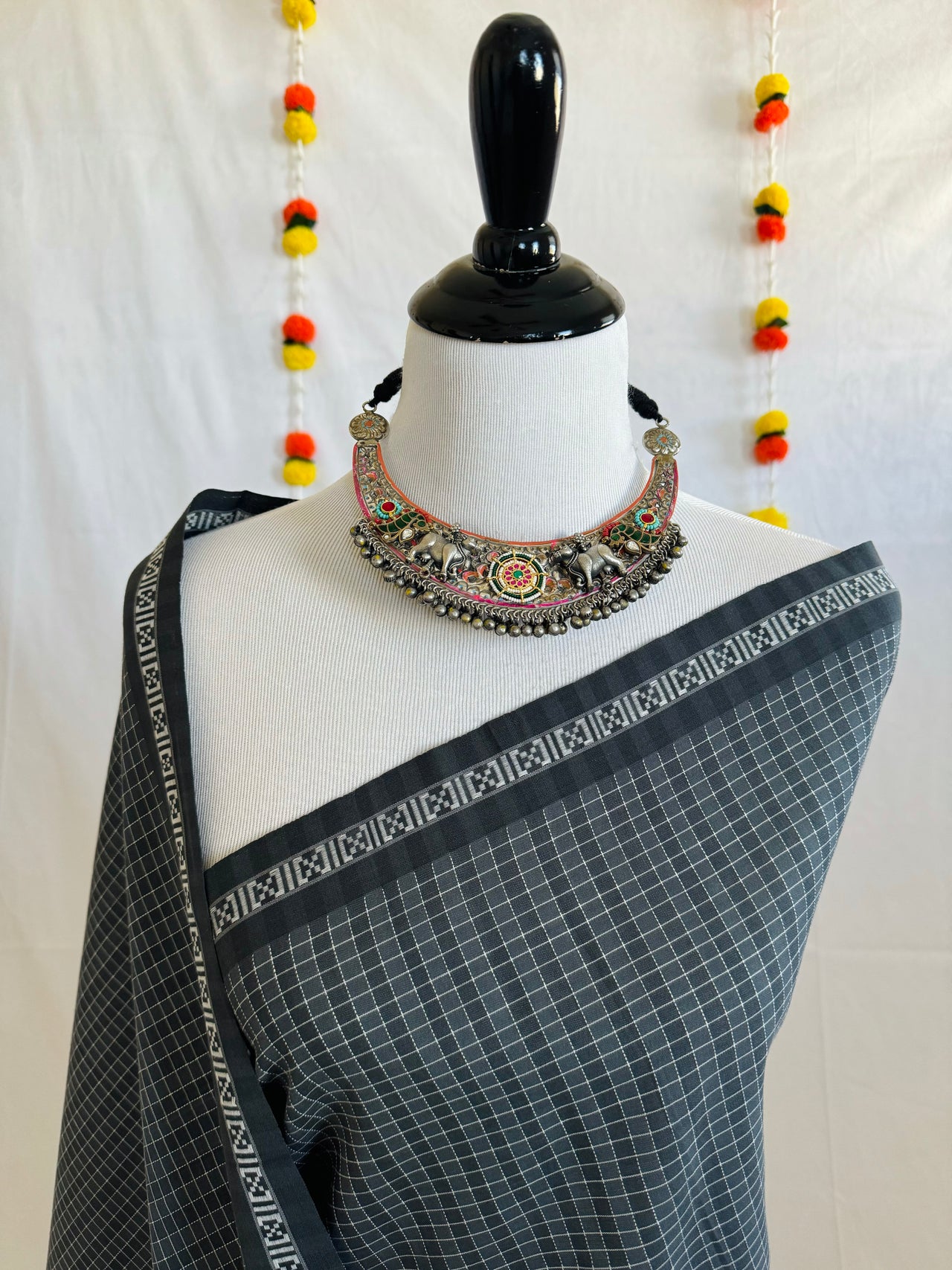 ShopNaya Exclusive | Handwoven | Pure Cotton Saree | No Blouse | Gray & Black | Ships from California