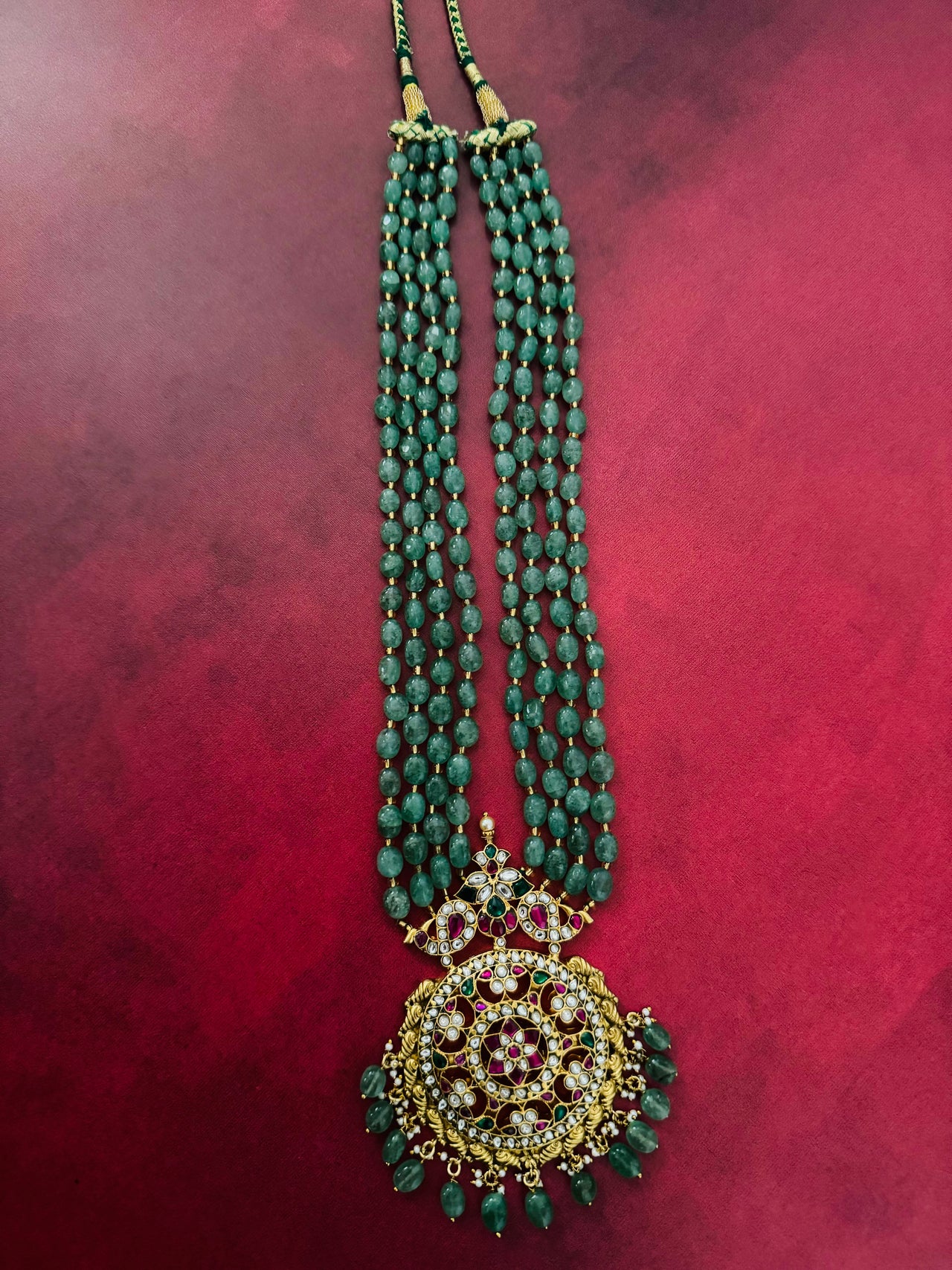 Jadau Kundan Long Chain Set | Real Kemp Stones | Oval Natural Green Glass Beads | Gold Polish | Free Shipping | Ships from California