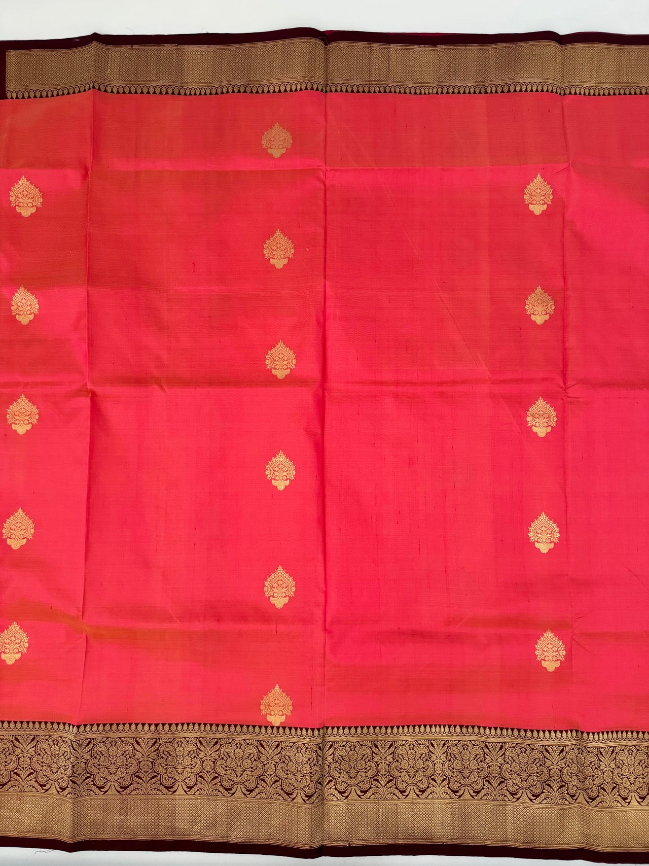 Banarasi Katan Silk Saree | Orange Pink Shot Color & Brown | Gold Zari | Handwoven | Silk Mark Certified | Ships from California