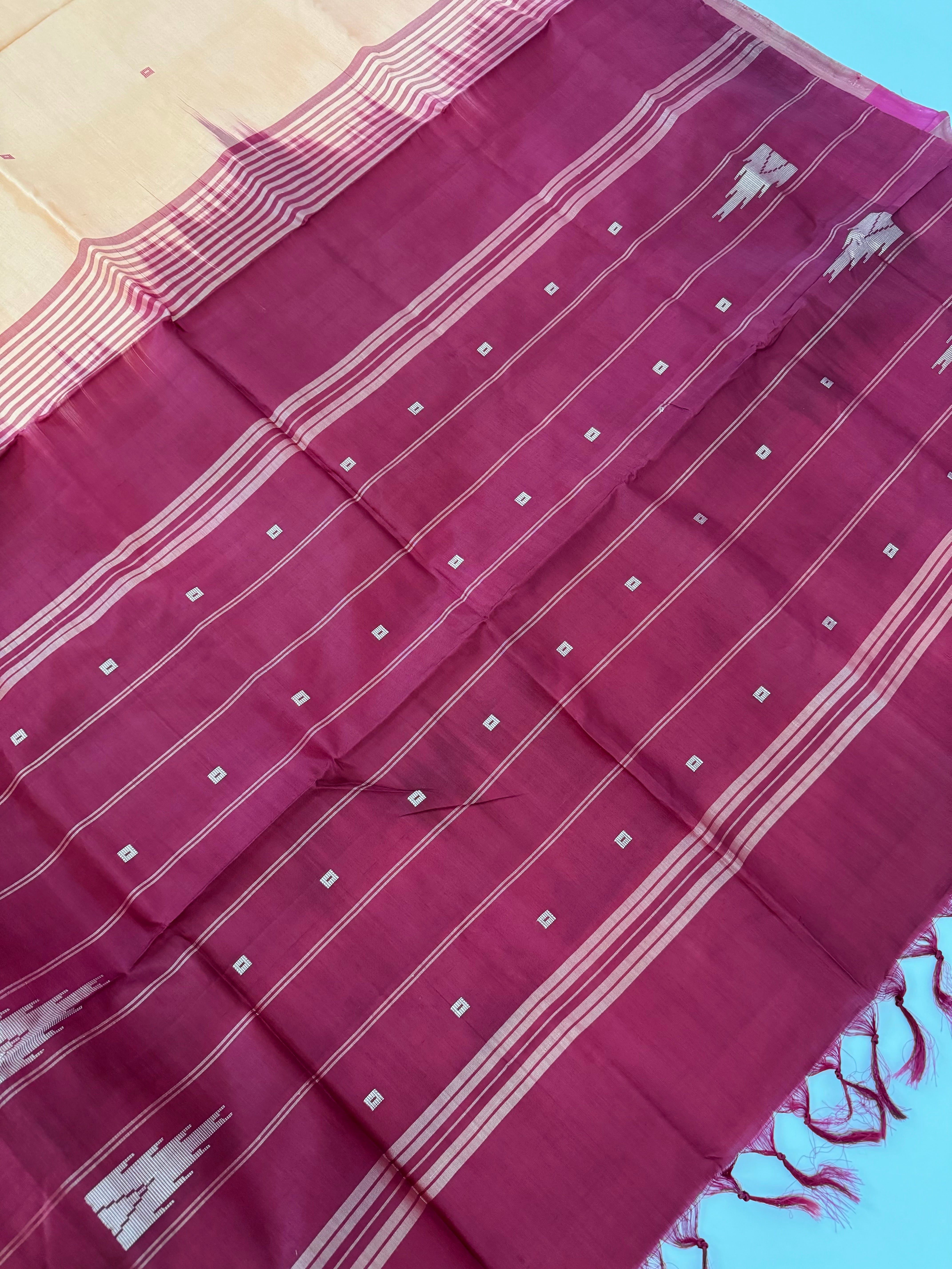 Vegan Silk Saree | No Zari | No Blouse | Handwoven | Peach & Brick Red | Ships from California