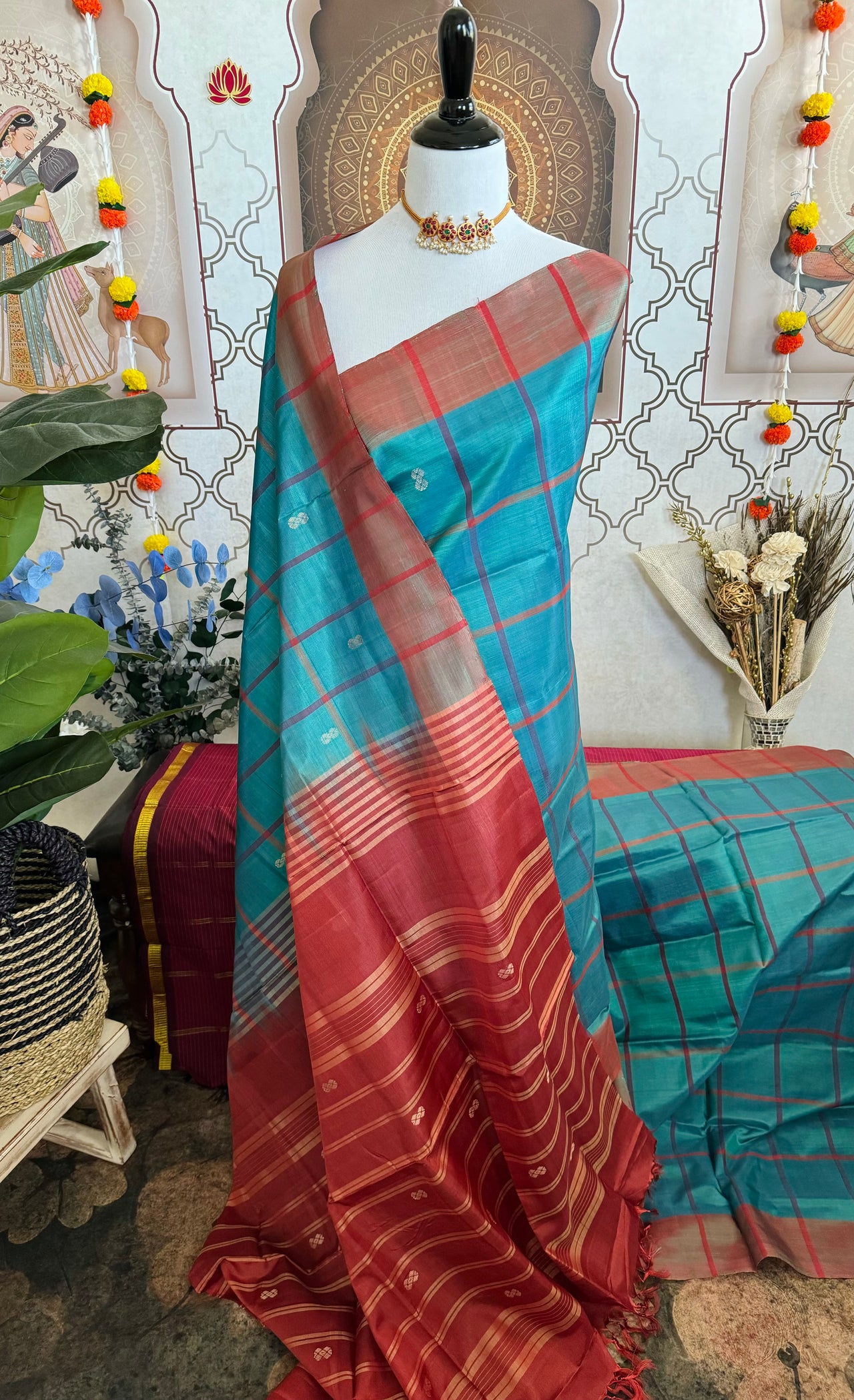 Vegan Silk Saree | No Zari | No Blouse | Handwoven | Sky Blue Green & Red | Ships from California