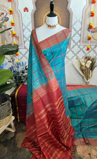 Thumbnail for Vegan Silk Saree | No Zari | No Blouse | Handwoven | Sky Blue Green & Red | Ships from California