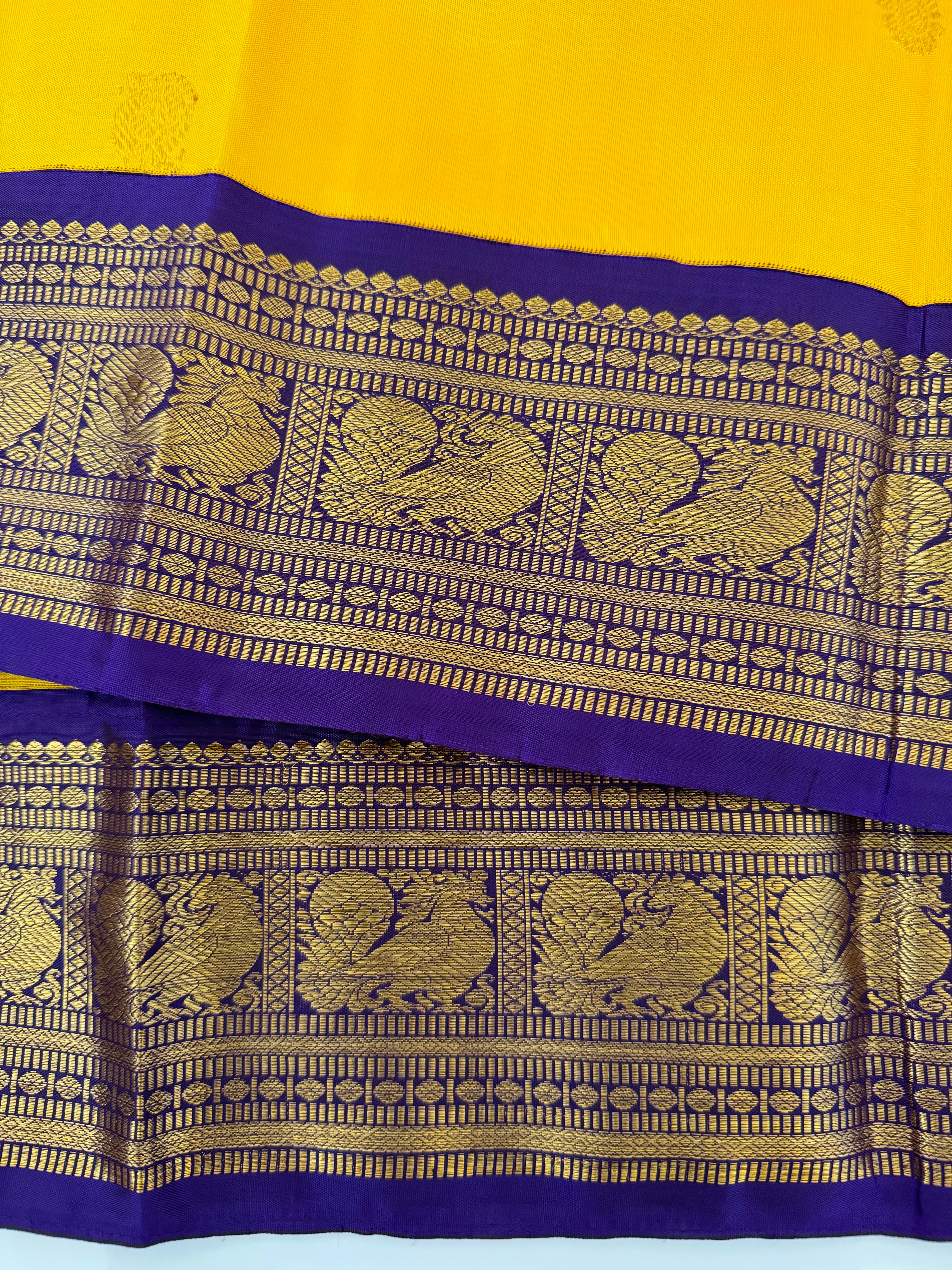 Exclusive Kanchivaram Korvai Pure Silk Pure Zari Silk Saree | Mango Yellow & Purple | Gold Zari | Handwoven | Ships from California