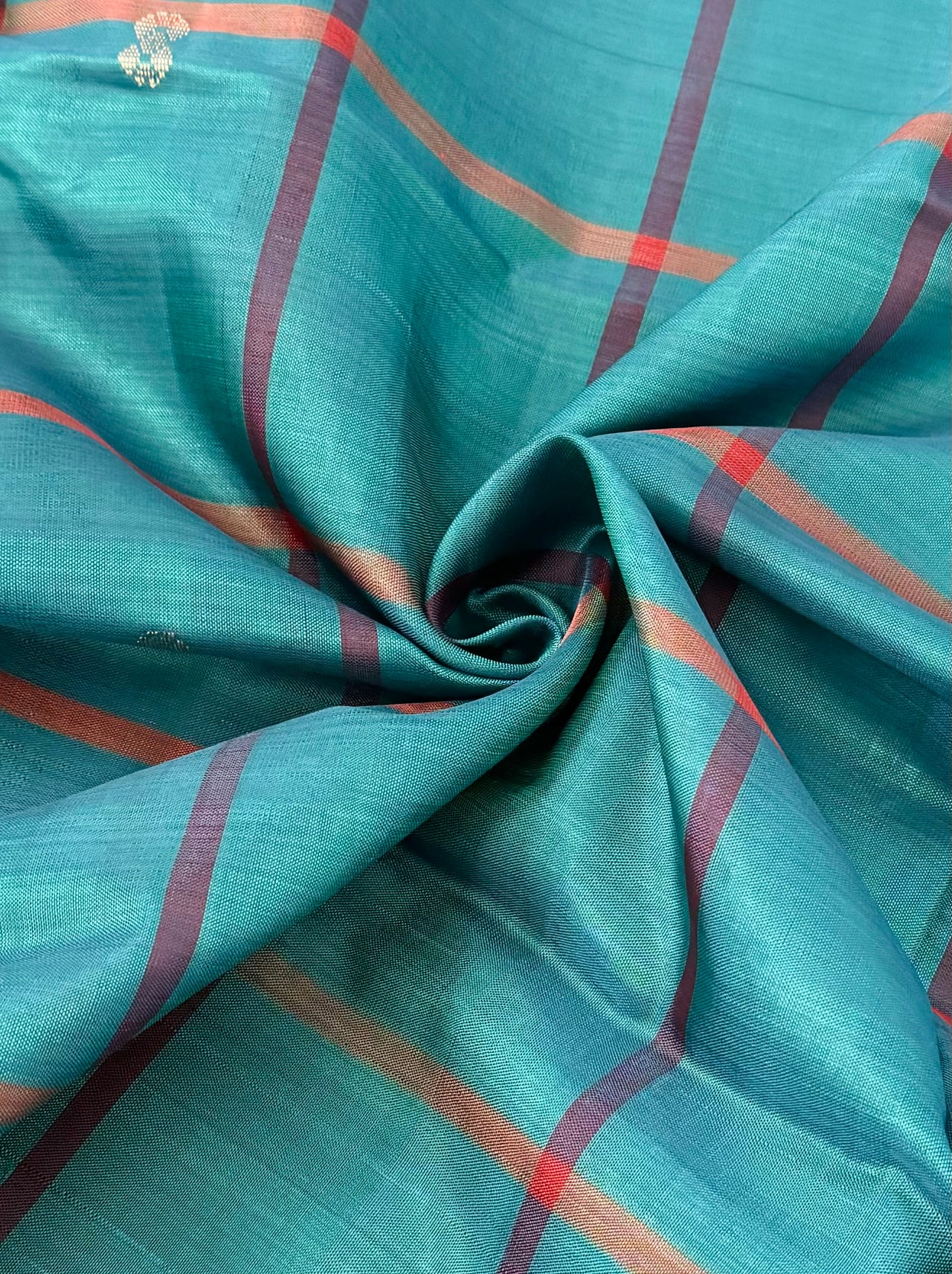 Vegan Silk Saree | No Zari | No Blouse | Handwoven | Sky Blue Green & Red | Ships from California