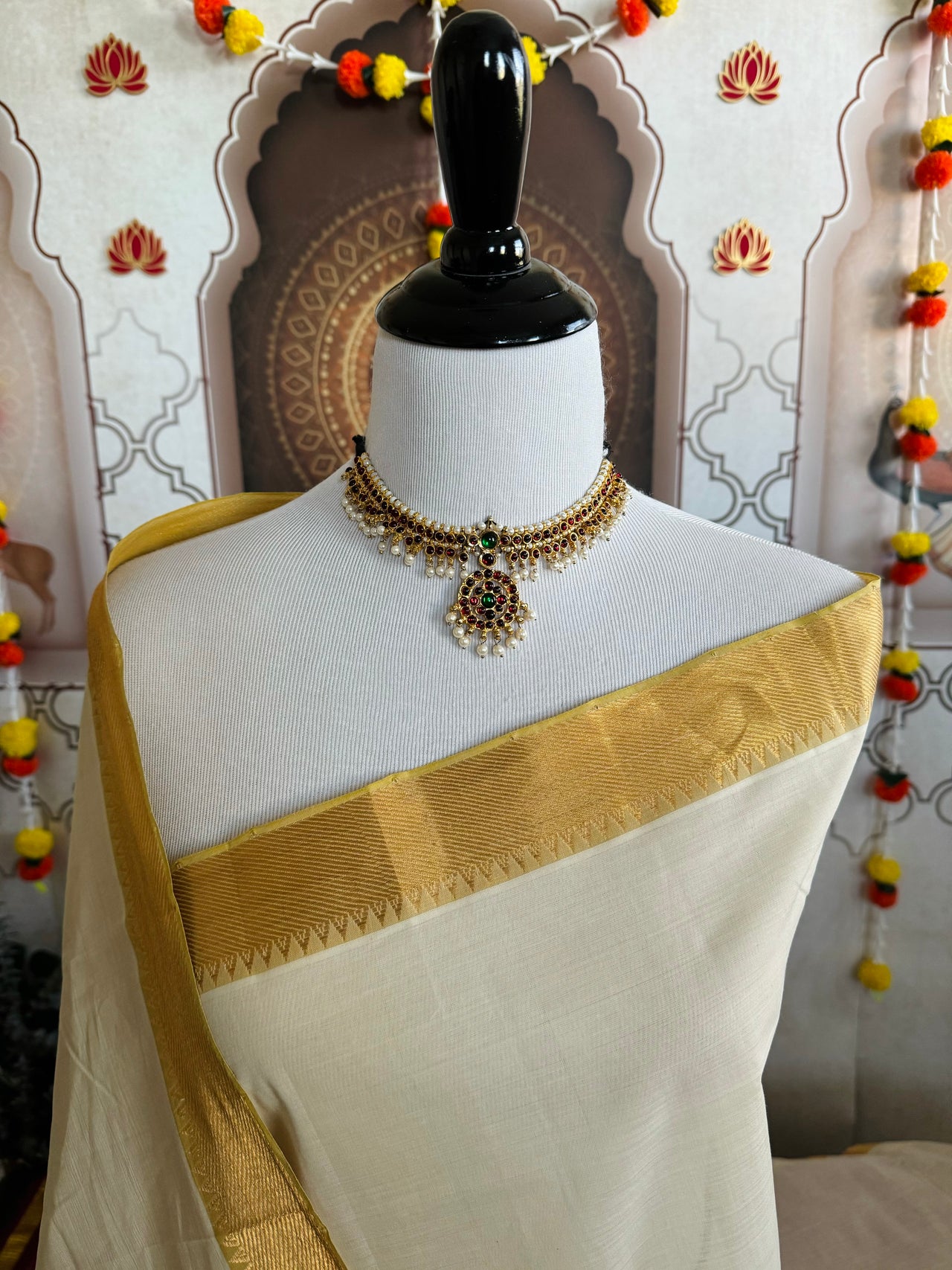 Handwoven Mangalgiri Cotton Saree | Off-White | Gold Zari | Handwoven | Ships from California