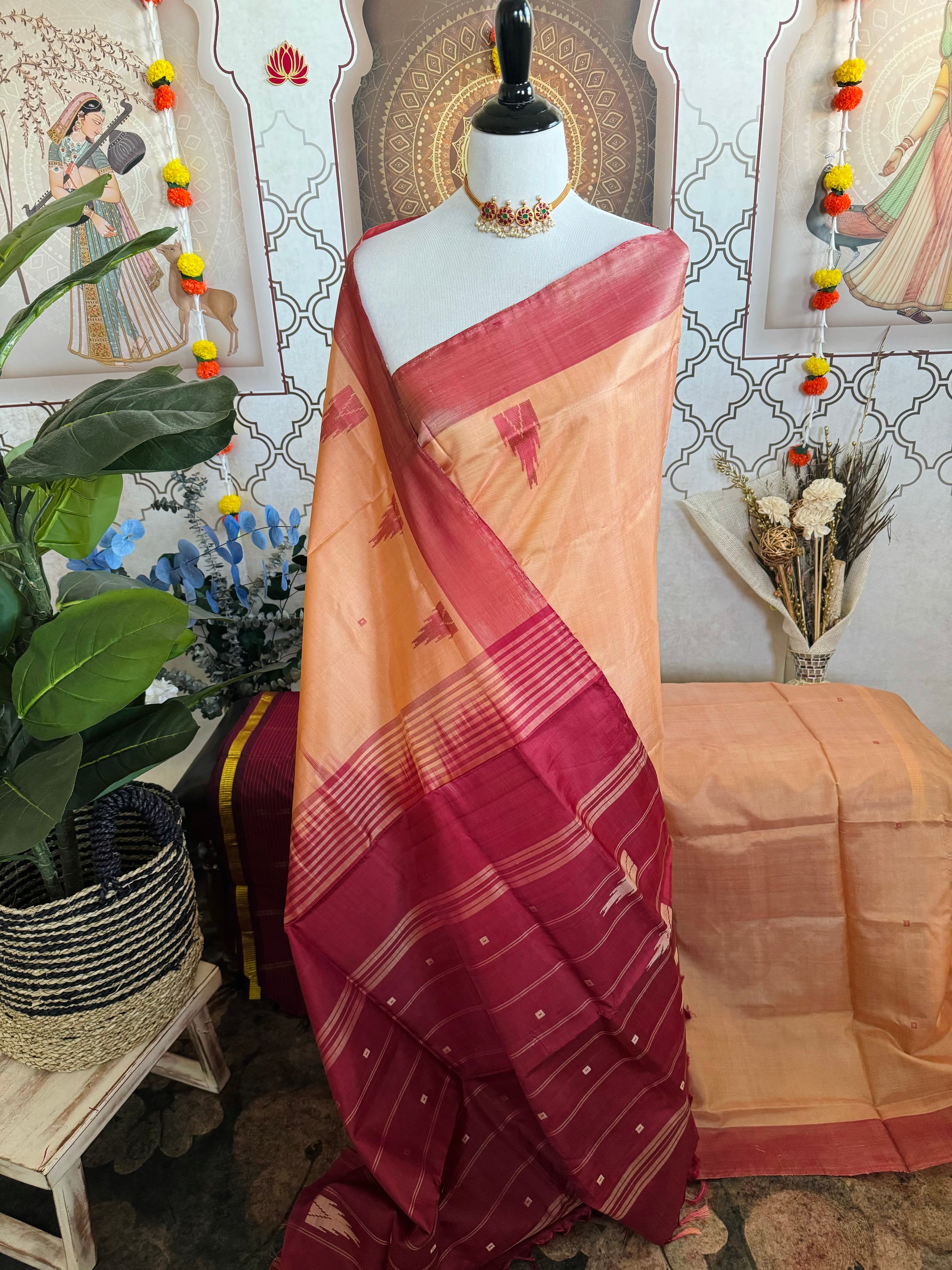 Vegan Silk Saree | No Zari | No Blouse | Handwoven | Peach & Brick Red | Ships from California