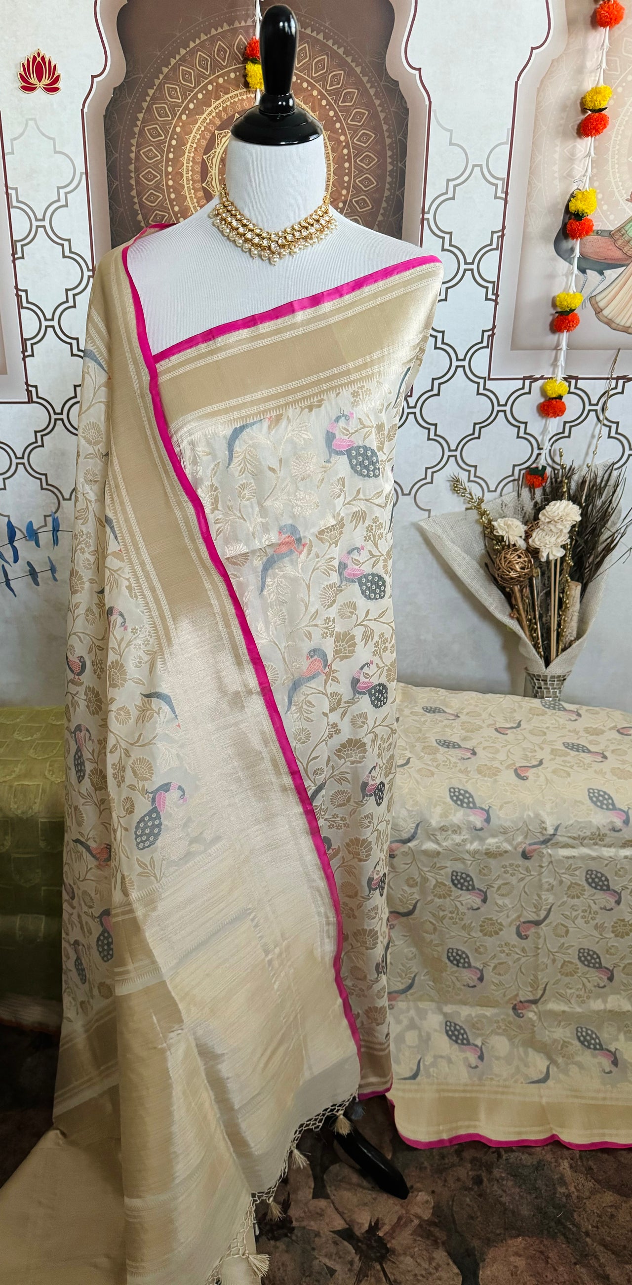 Banarasi Katan Silk Saree | Off-White | Gold Zari | Handwoven | Silk Mark Certified | Ships from California