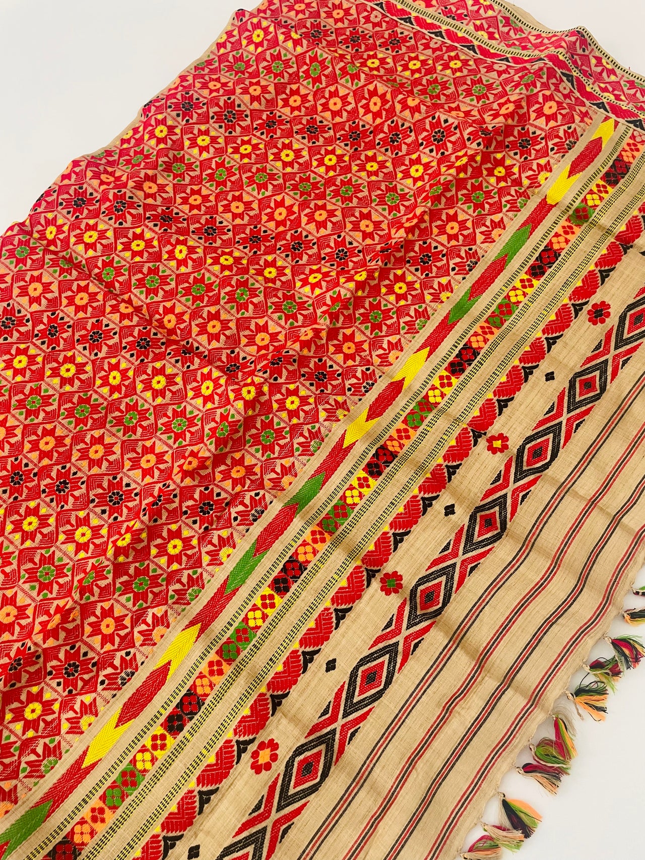 Assam Pure Muga Silk Saree | Natural Beige | Thread-work | Handwoven | Silk Mark Certified | GI Tag | Handloom Mark | Ships from California