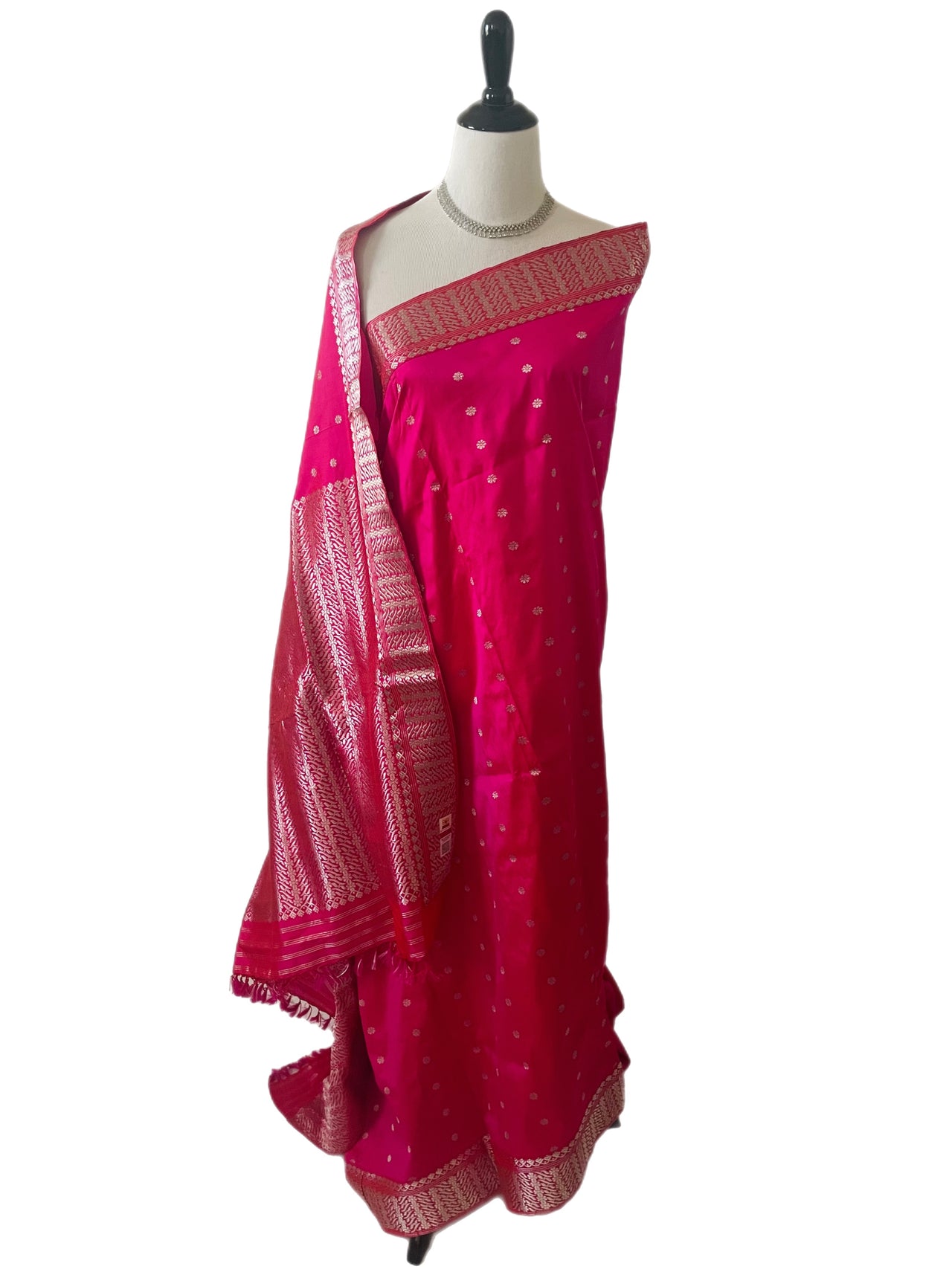 Assam Pat Mulberry Silk Saree | Bright Pink | Silver Zari | Handwoven | Silk Mark Certified | Ships from California