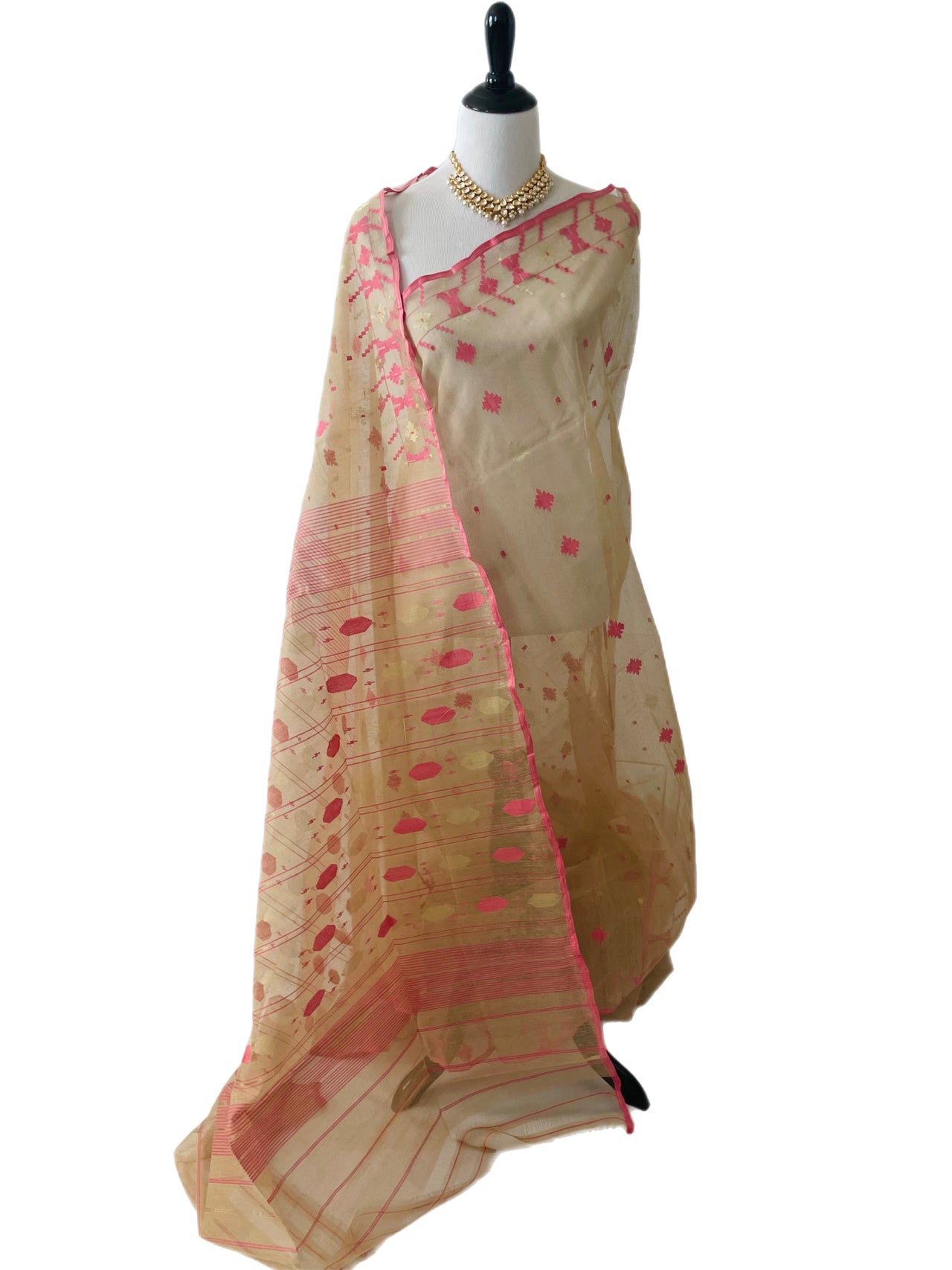 Authentic Dhakai Jamdani Muslin Saree from Bangladesh | Handwoven | Pink | Gold and Pink Thread Work | Ships from California