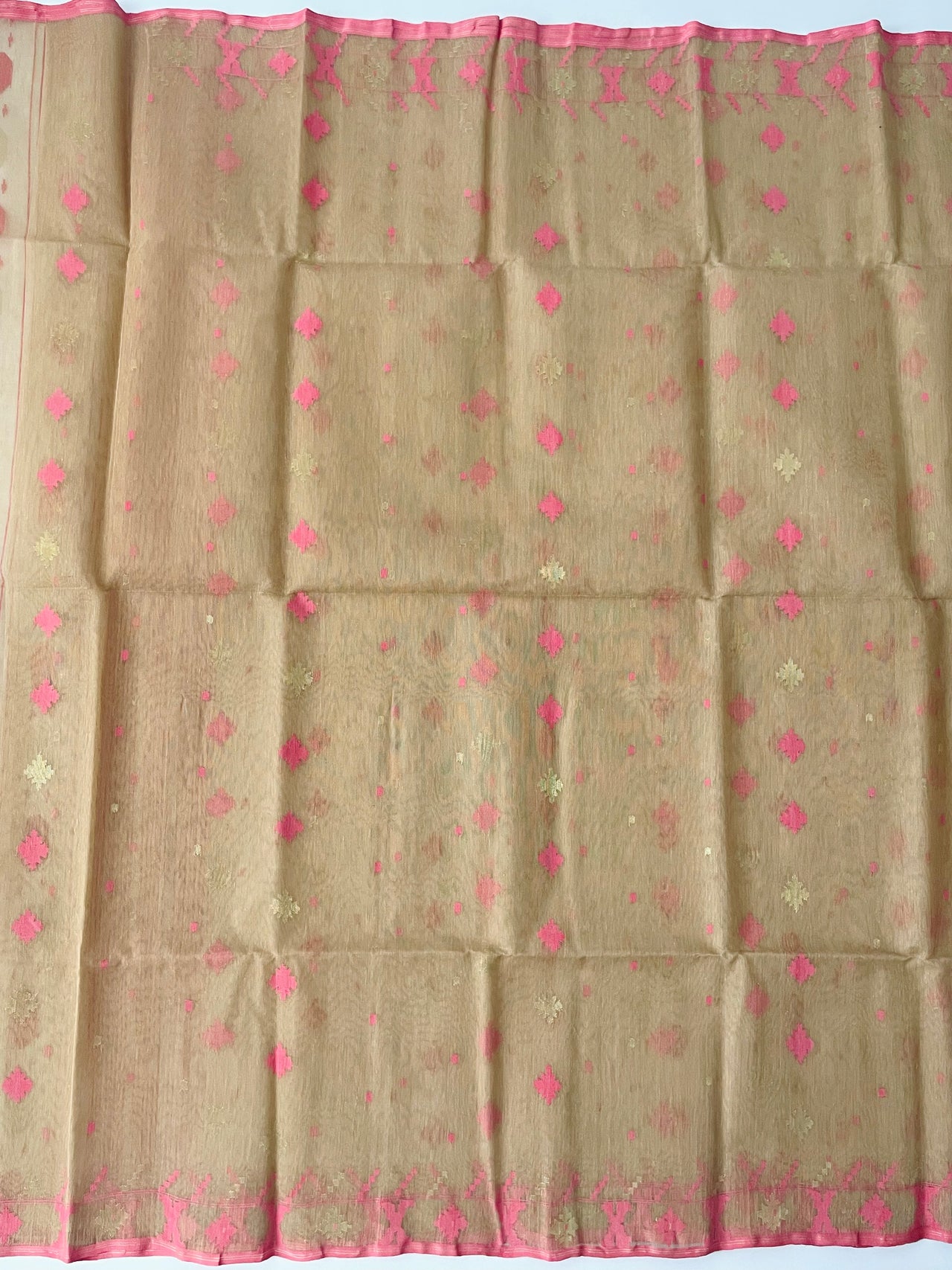 Authentic Dhakai Jamdani Muslin Saree from Bangladesh | Handwoven | Pink | Gold and Pink Thread Work | Ships from California