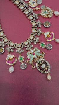 Victorian Polki Kundan Fusion Necklace Set | Semi-Precious Stones | Metal Work | Gold Plated | Free Shipping | Ships from California