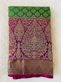Thumbnail for Kanchipuram/Kanchivaram handloom pure silk saree | parrot green and purple | Silk Mark | Ships from California