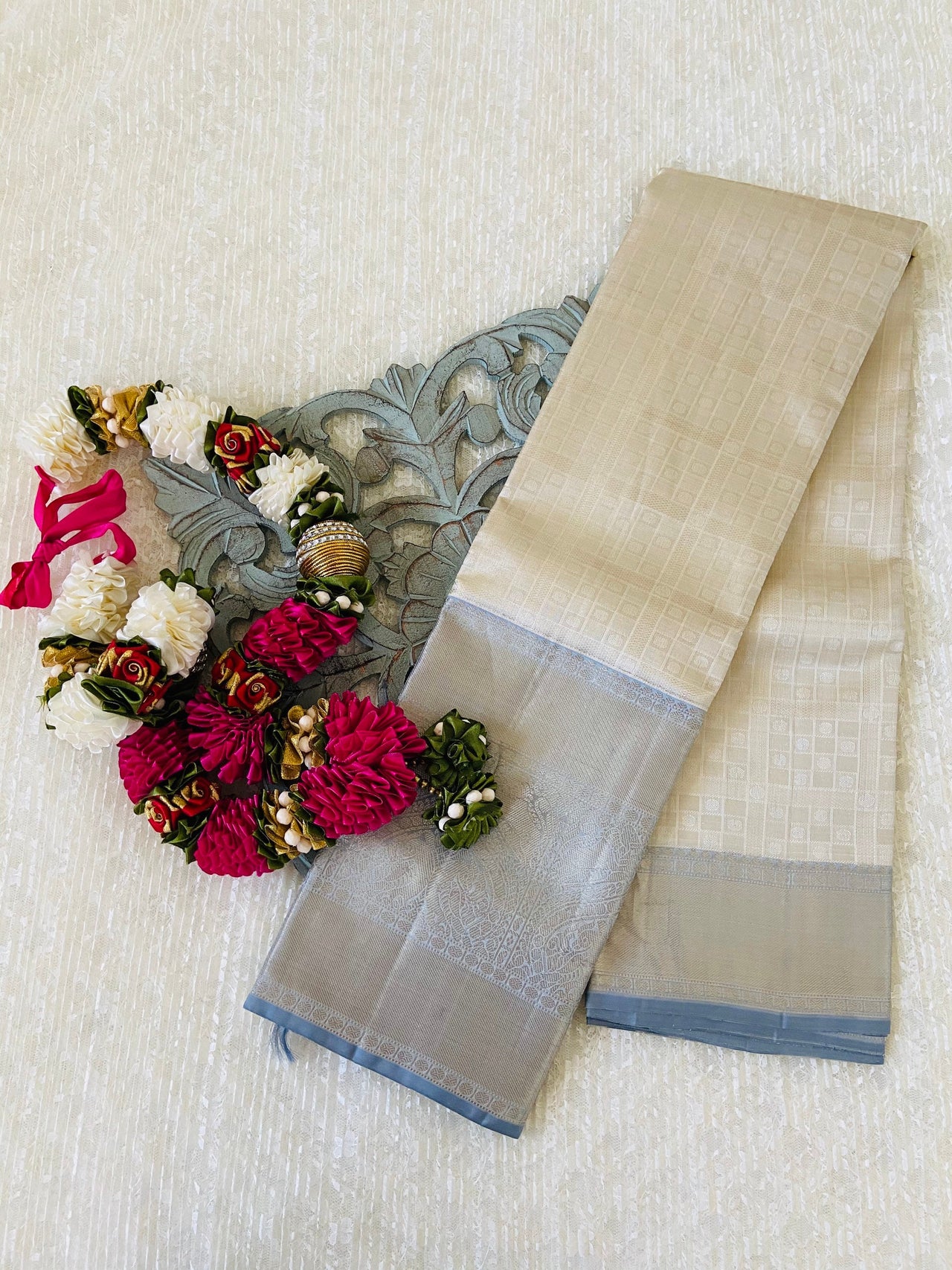 Kanchipuram/Kanchivaram handloom pure tissue silk saree | Ivory and muted steel blue | Silk Mark | Ships from California