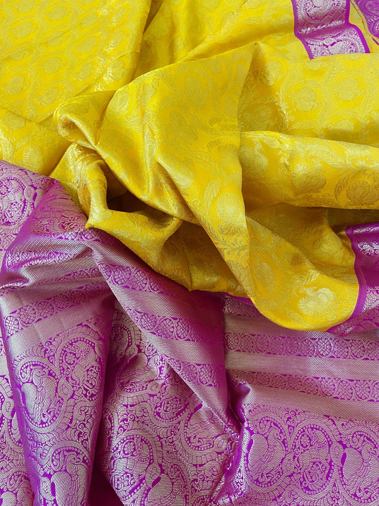 Sunny yellow kanchipuram/Kanchivaram handloom pure silk saree | Silk Mark certified | Ships from California