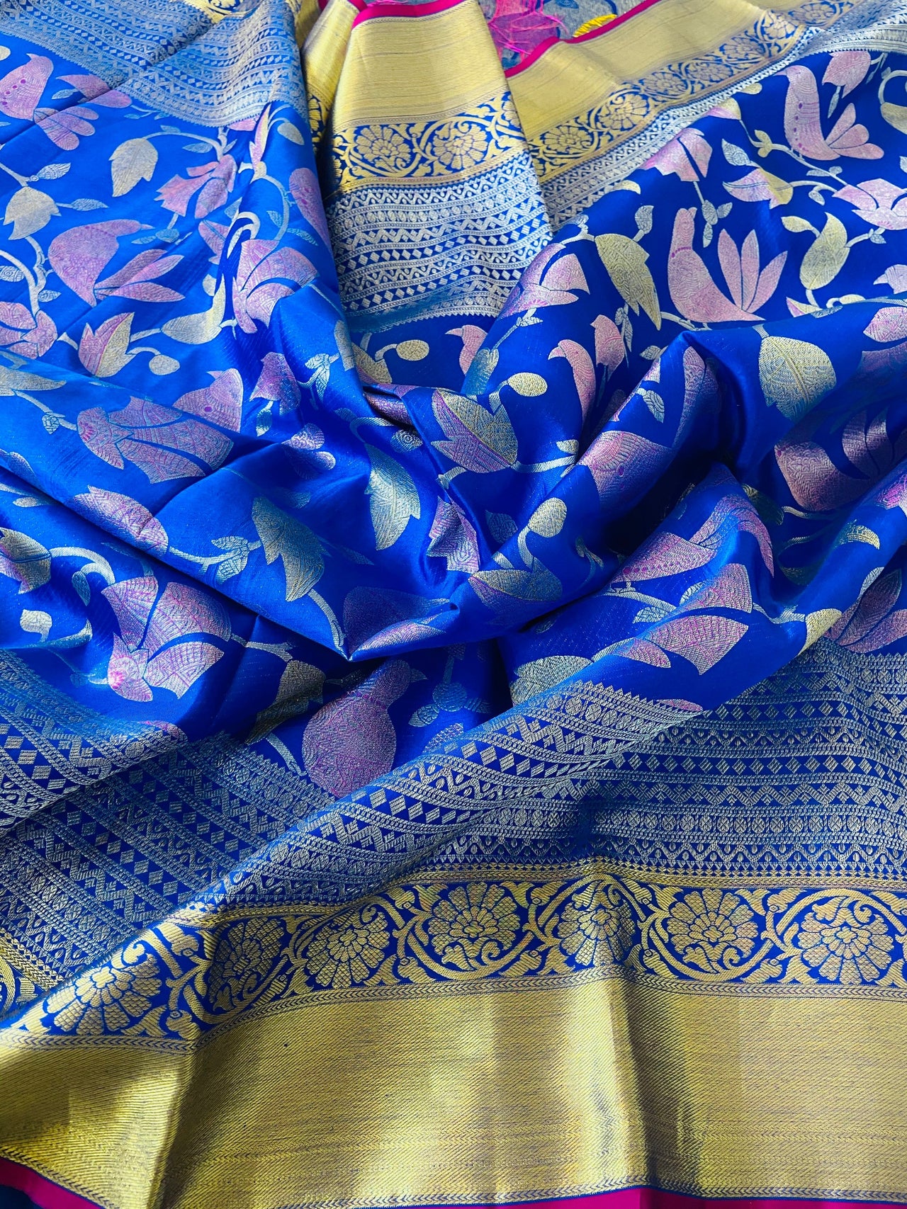 Jacquard weave kanchipuram/Kanchivaram handloom pure silk saree | Imperial blue & Fuchsia pink | Silk Mark | Ships from California