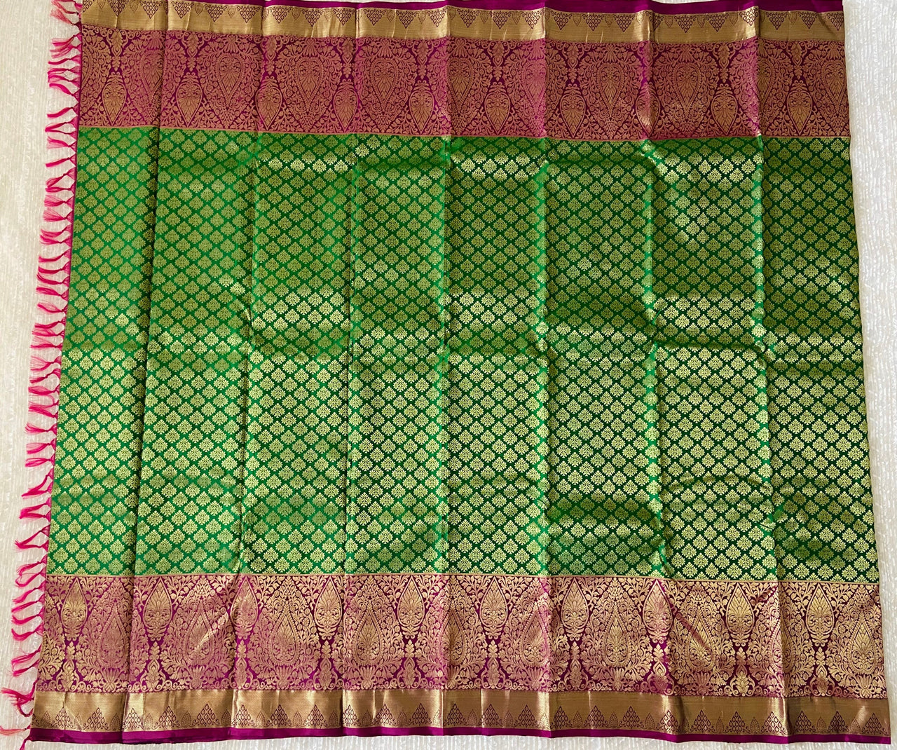 Kanchipuram/Kanchivaram handloom pure silk saree | parrot green and purple | Silk Mark | Ships from California