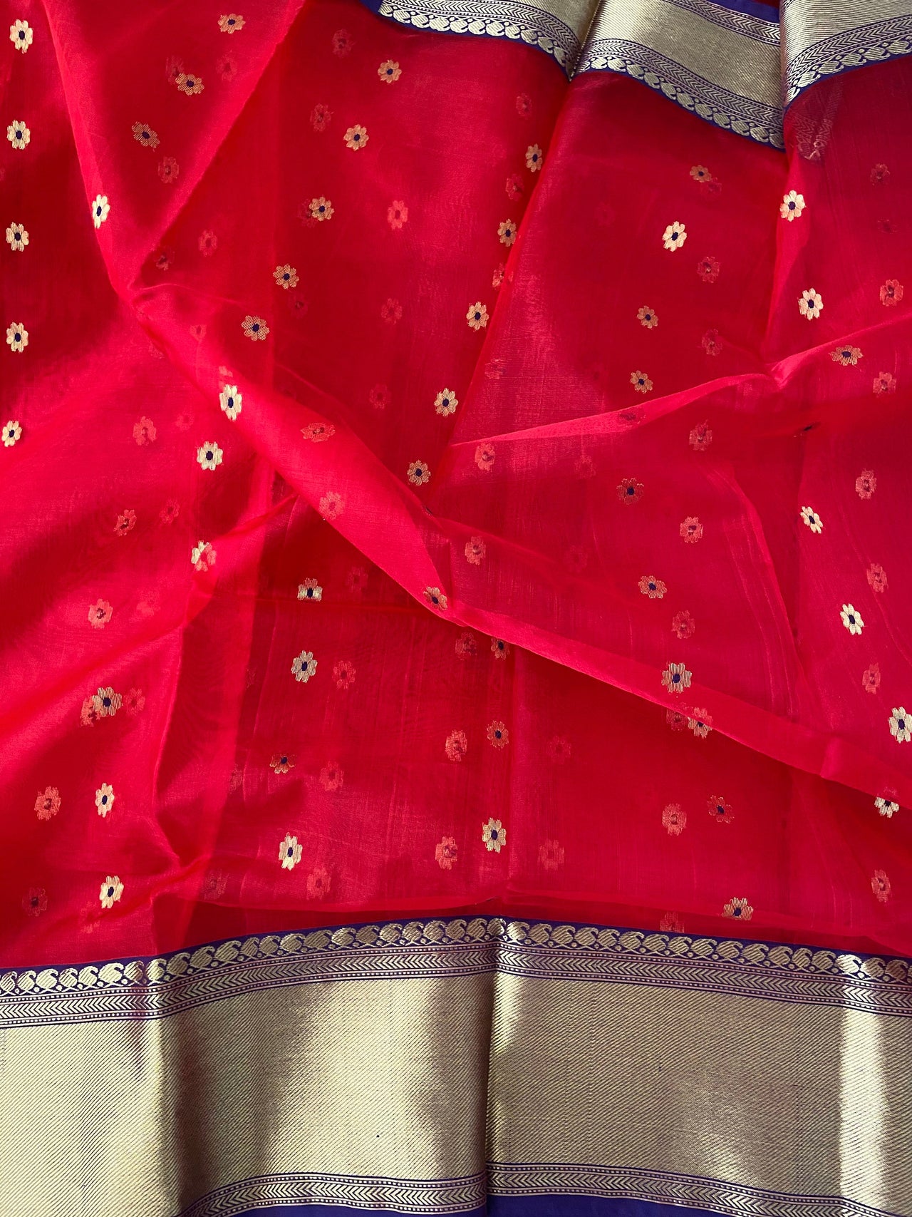 Chanderi Katan Silk Saree | Handwoven | Bright Red | Silk Mark | Ships from California