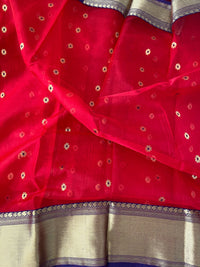 Thumbnail for Chanderi Katan Silk Saree | Handwoven | Bright Red | Silk Mark | Ships from California