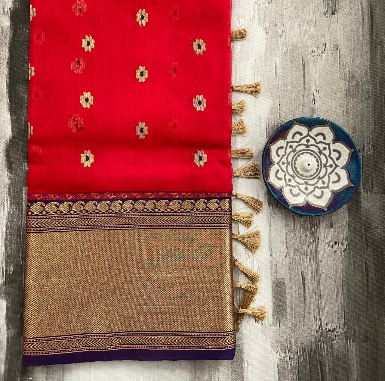 Chanderi Katan Silk Saree | Handwoven | Bright Red | Silk Mark | Ships from California