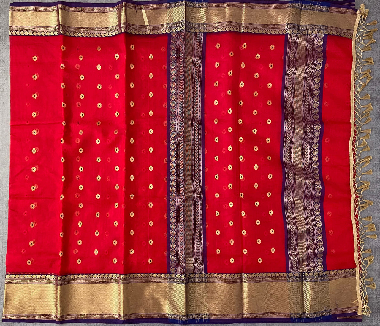 Chanderi Katan Silk Saree | Handwoven | Bright Red | Silk Mark | Ships from California