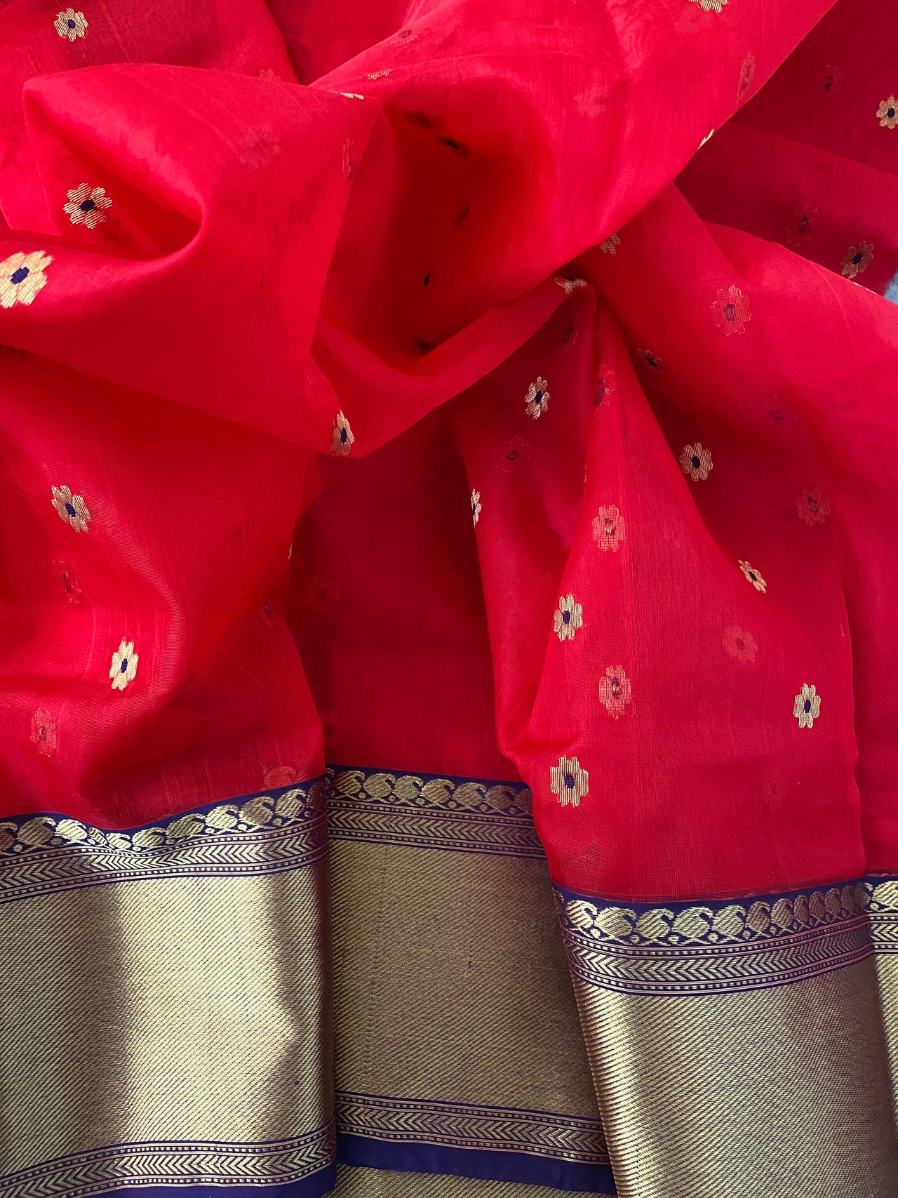 Chanderi Katan Silk Saree | Handwoven | Bright Red | Silk Mark | Ships from California