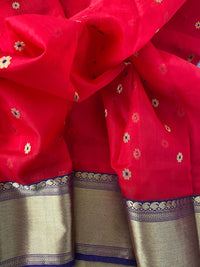 Thumbnail for Chanderi Katan Silk Saree | Handwoven | Bright Red | Silk Mark | Ships from California