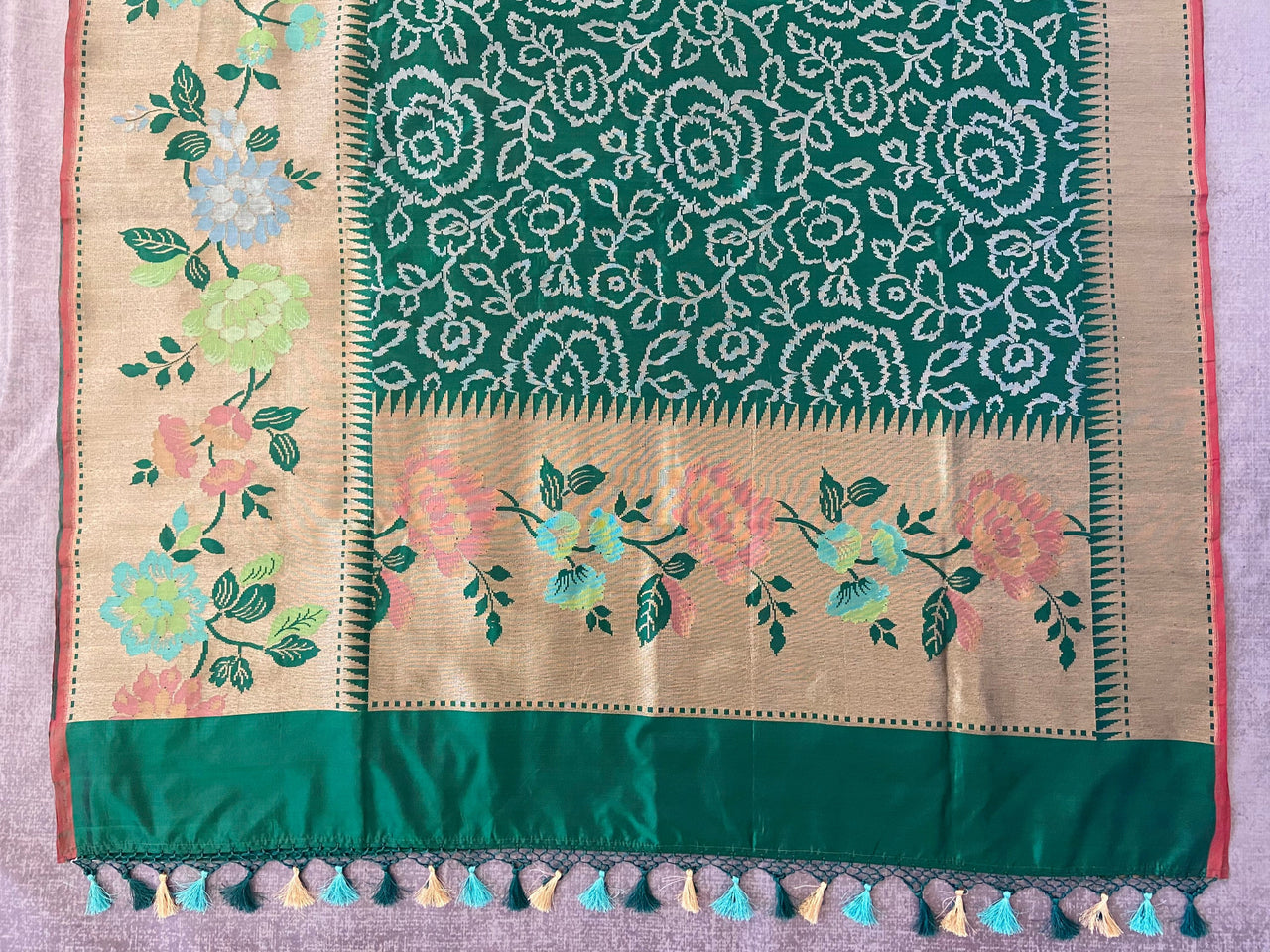 Banarasi Pure Katan Silk Saree With Wide Floral Border | Bottle Green | Handwoven | Silk Mark | Ships from California