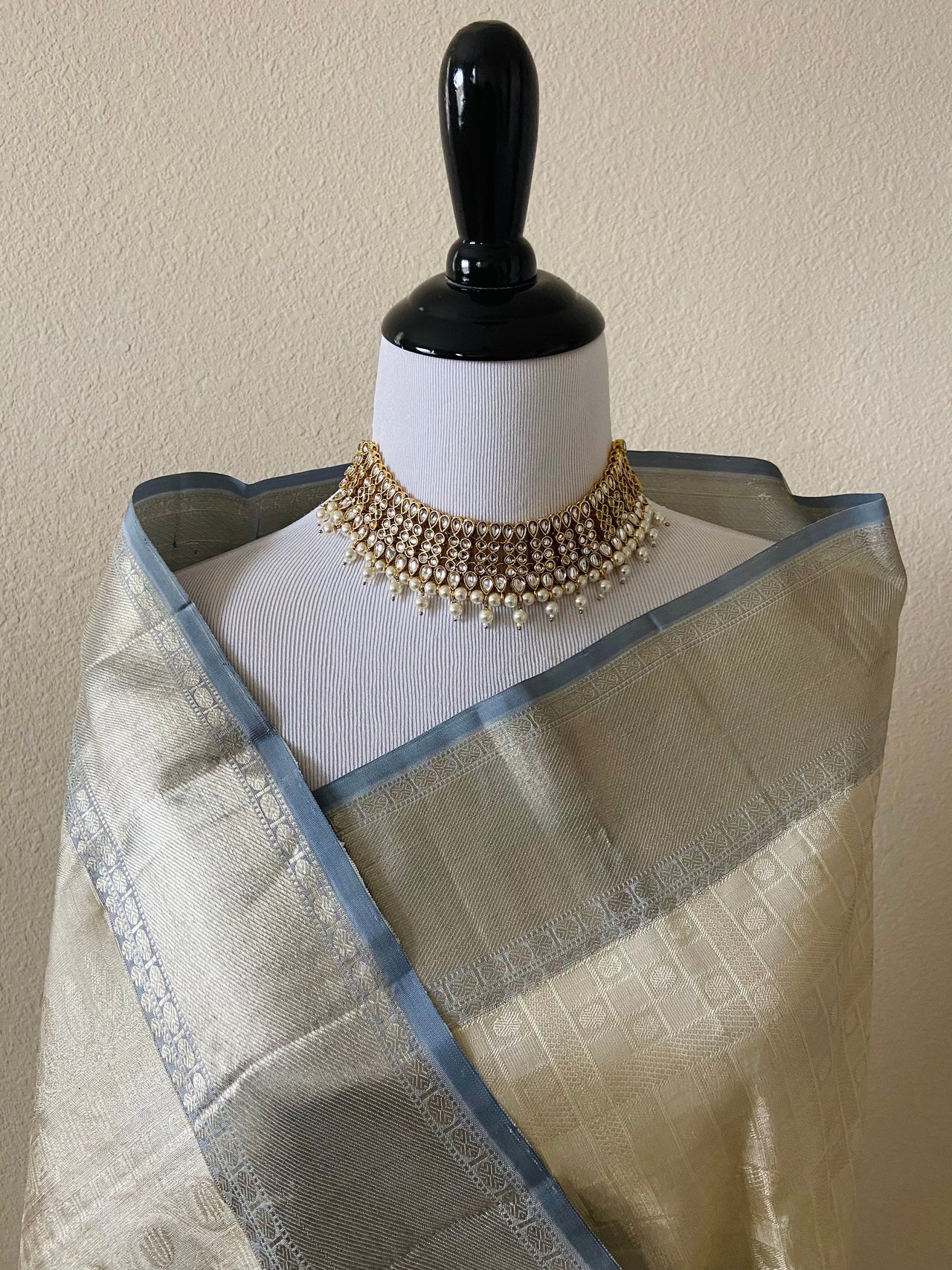 Kanchipuram/Kanchivaram handloom pure tissue silk saree | Ivory and muted steel blue | Silk Mark | Ships from California