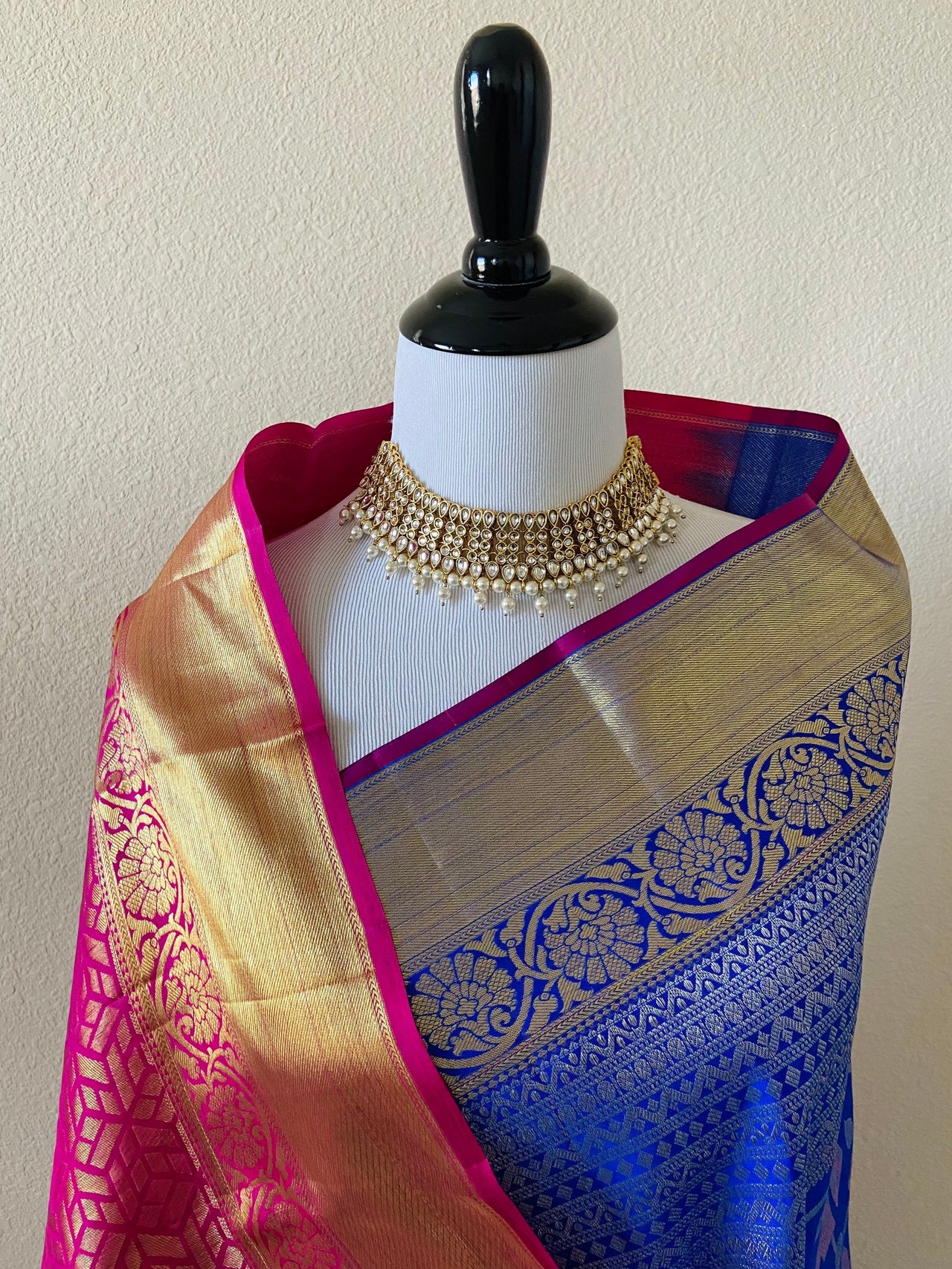 Jacquard weave kanchipuram/Kanchivaram handloom pure silk saree | Imperial blue & Fuchsia pink | Silk Mark | Ships from California