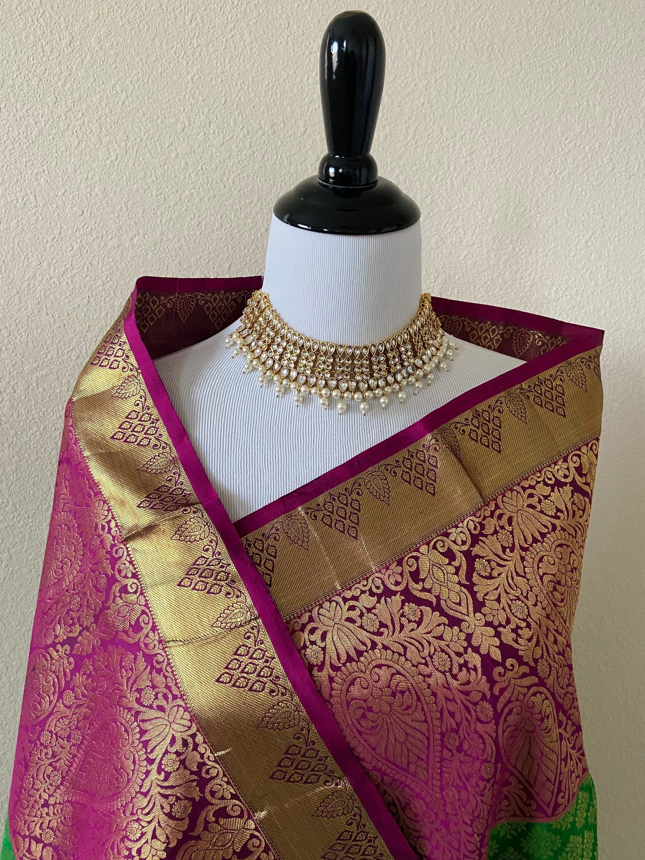 Kanchipuram/Kanchivaram handloom pure silk saree | parrot green and purple | Silk Mark | Ships from California