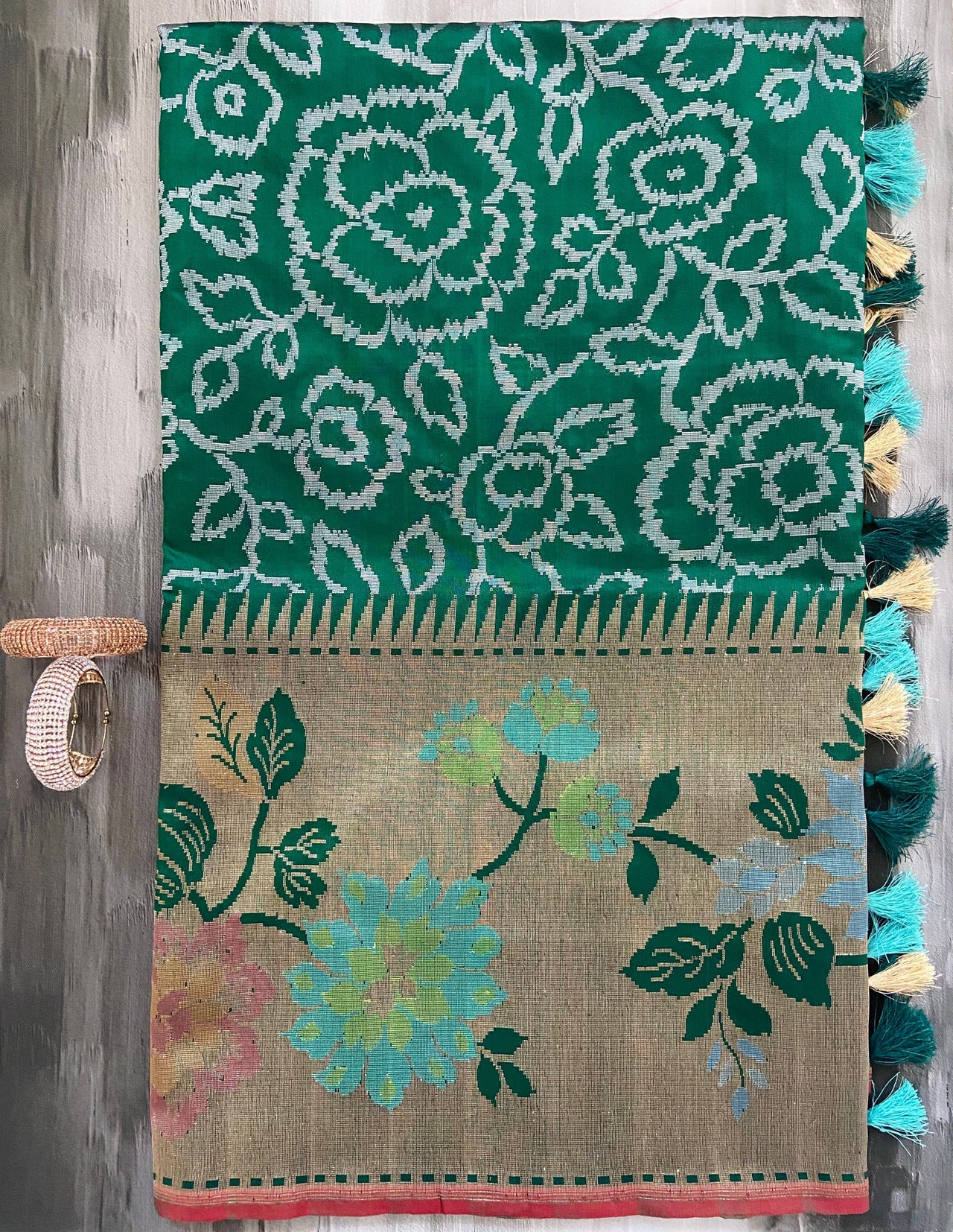 Banarasi Pure Katan Silk Saree With Wide Floral Border | Bottle Green | Handwoven | Silk Mark | Ships from California