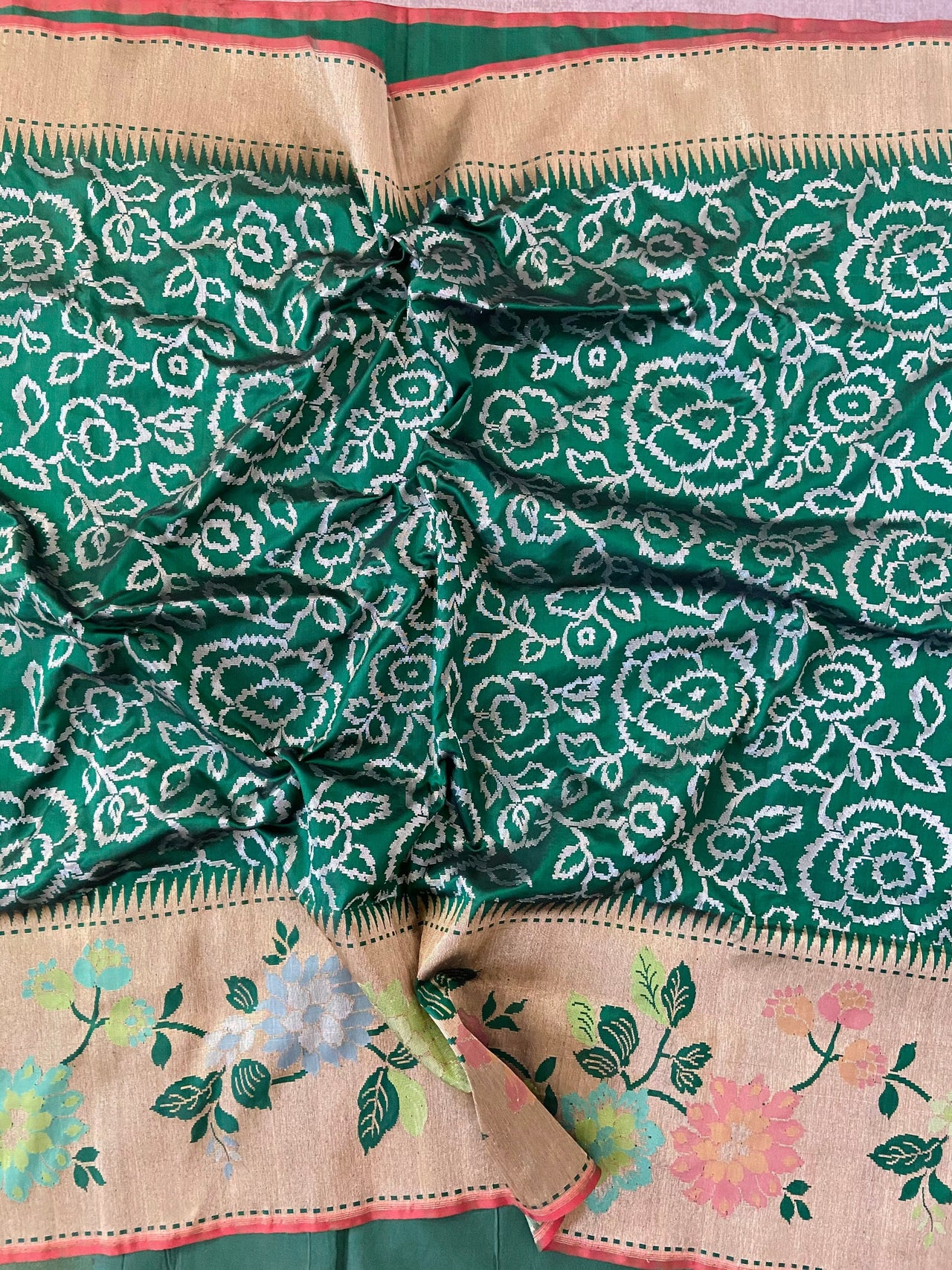 Banarasi Pure Katan Silk Saree With Wide Floral Border | Bottle Green | Handwoven | Silk Mark | Ships from California