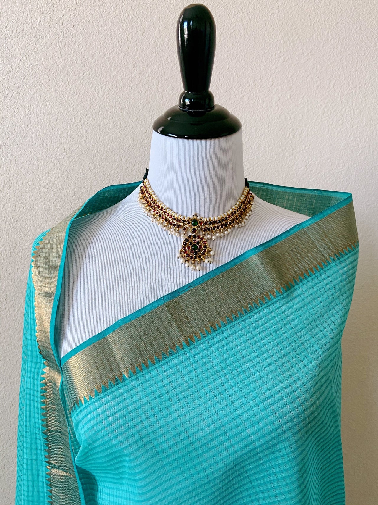 Mangalgiri Handwoven Cotton Saree | Aqua | Ships from California