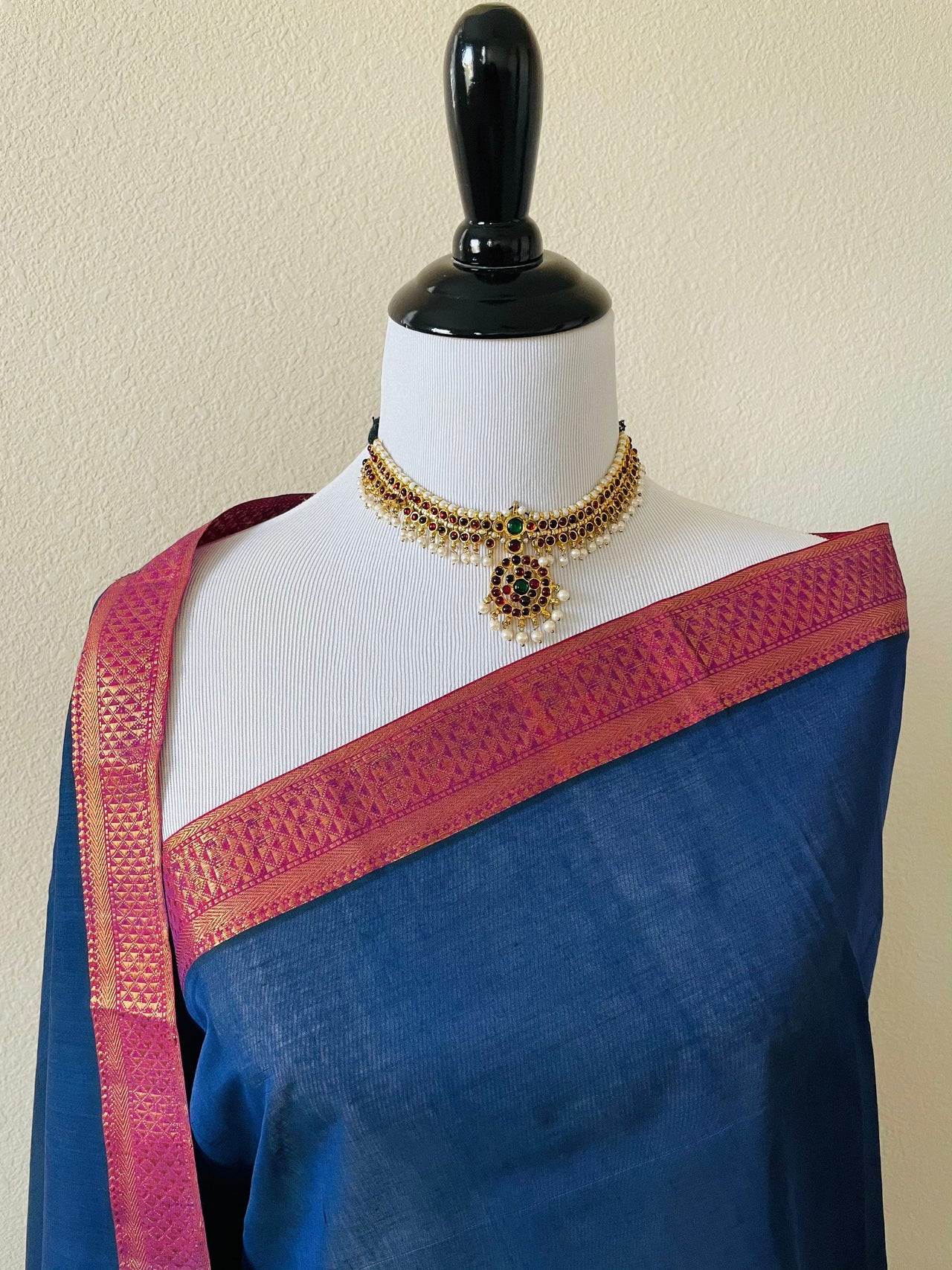 Mangalgiri Handwoven Cotton Saree | Navy Blue | Ships from California