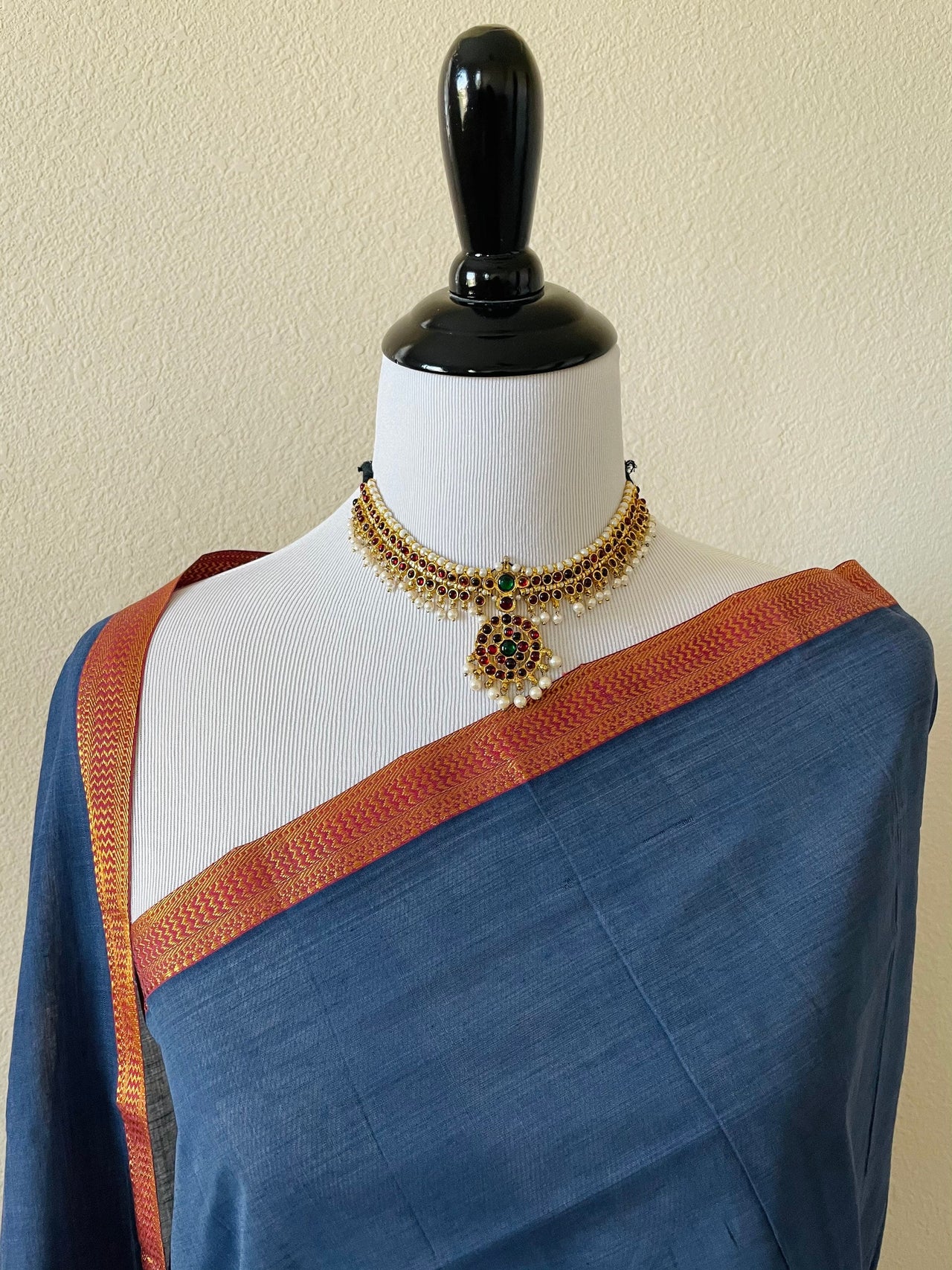 Mangalgiri Handwoven Cotton Saree | Blue & Maroon | Ships from California