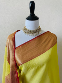 Thumbnail for Maheshwari Cotton Tissue Silk Saree | Handloom Mark | Yellowish Green with Red Border | Ships from California