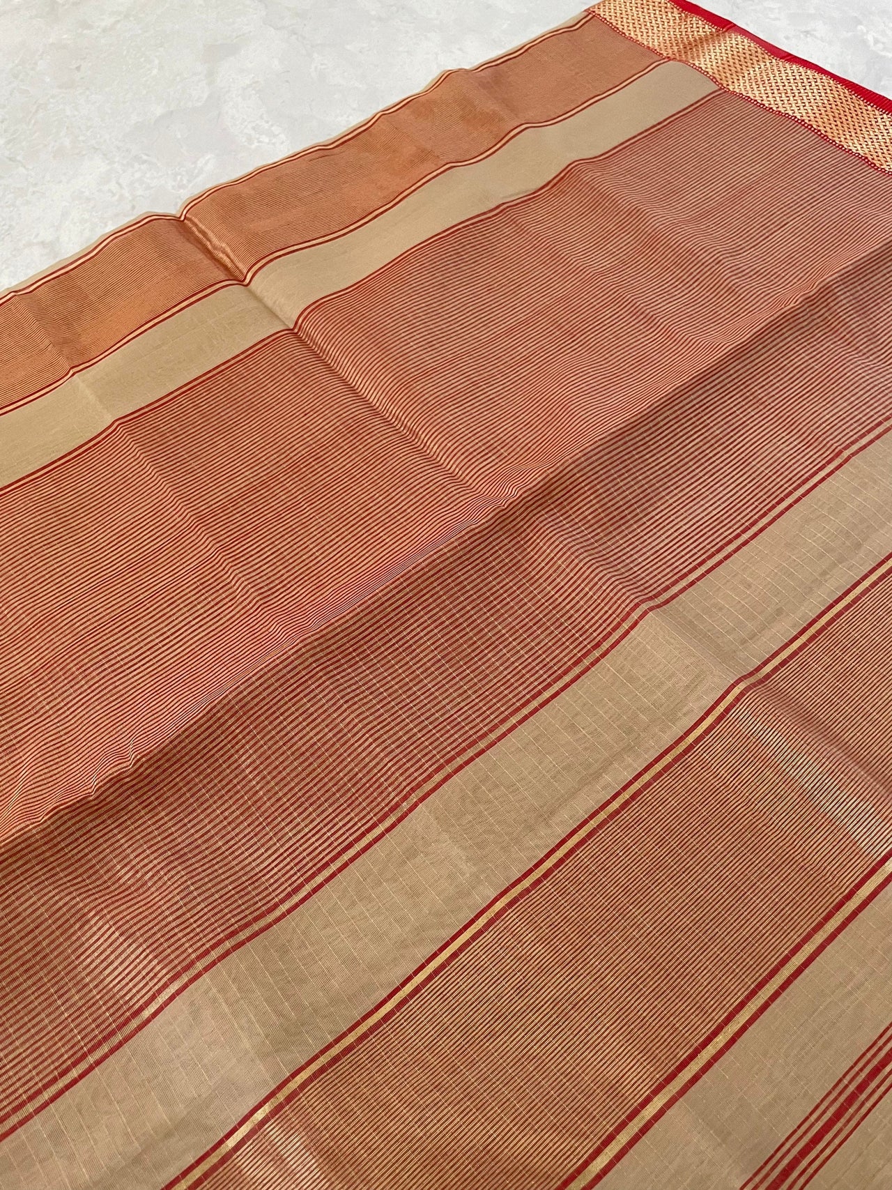 Maheshwari Cotton Silk Saree | Handloom Mark | Beige/Light Brown & Red | Ships from California