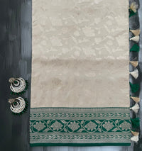 Thumbnail for Banarasi Katan Silk Saree with Contrast Border | Cream & Dark Green |  Handwoven | Silk Mark | Ships from California