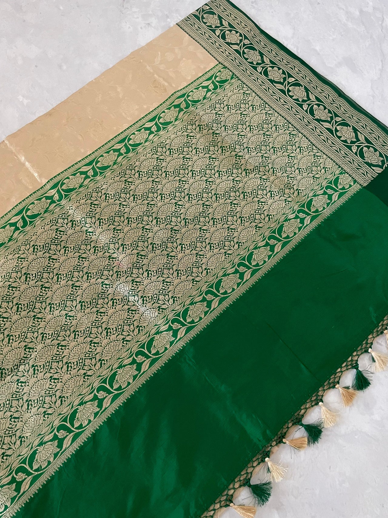 Banarasi Katan Silk Saree with Contrast Border | Cream & Dark Green |  Handwoven | Silk Mark | Ships from California