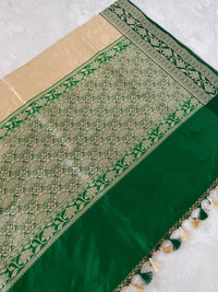 Thumbnail for Banarasi Katan Silk Saree with Contrast Border | Cream & Dark Green |  Handwoven | Silk Mark | Ships from California