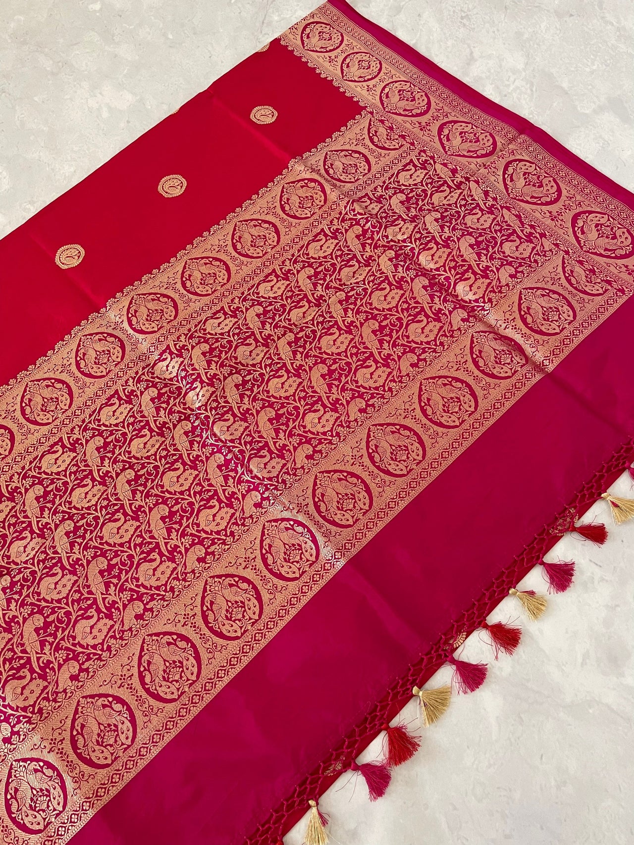 Banarasi Katan Silk Saree | Red & Pink (Dual Shade) |  Handwoven | Silk Mark | Ships from California