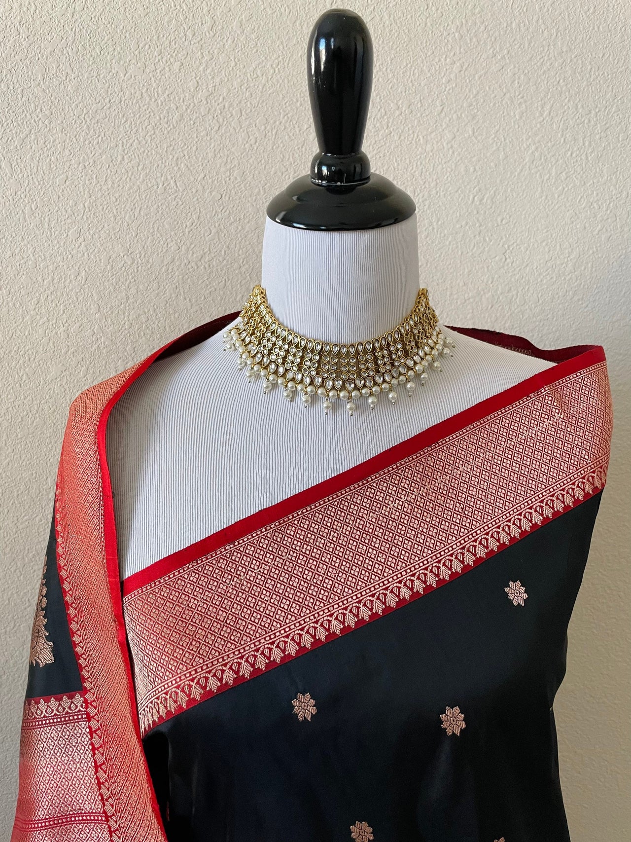 Banarasi Katan Silk Saree | Black & Red |  Handwoven | Silk Mark | Ships from California